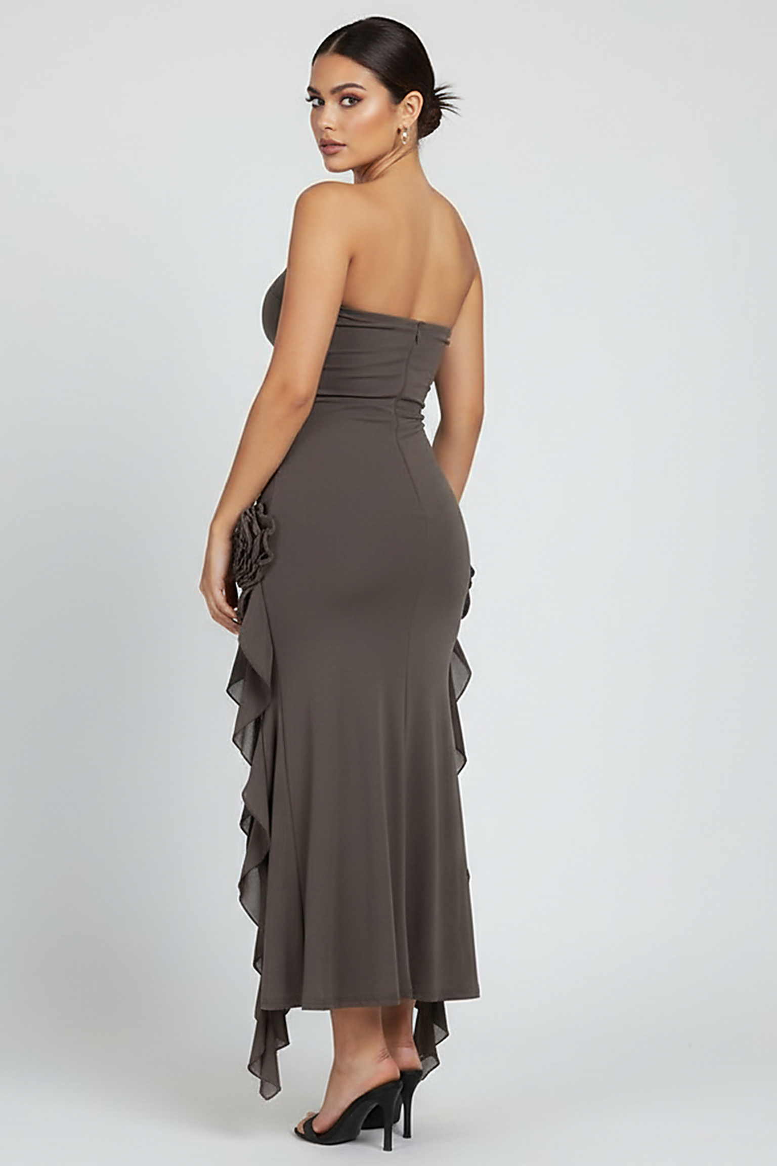 Black Strapless Rosette Ruffle Dress