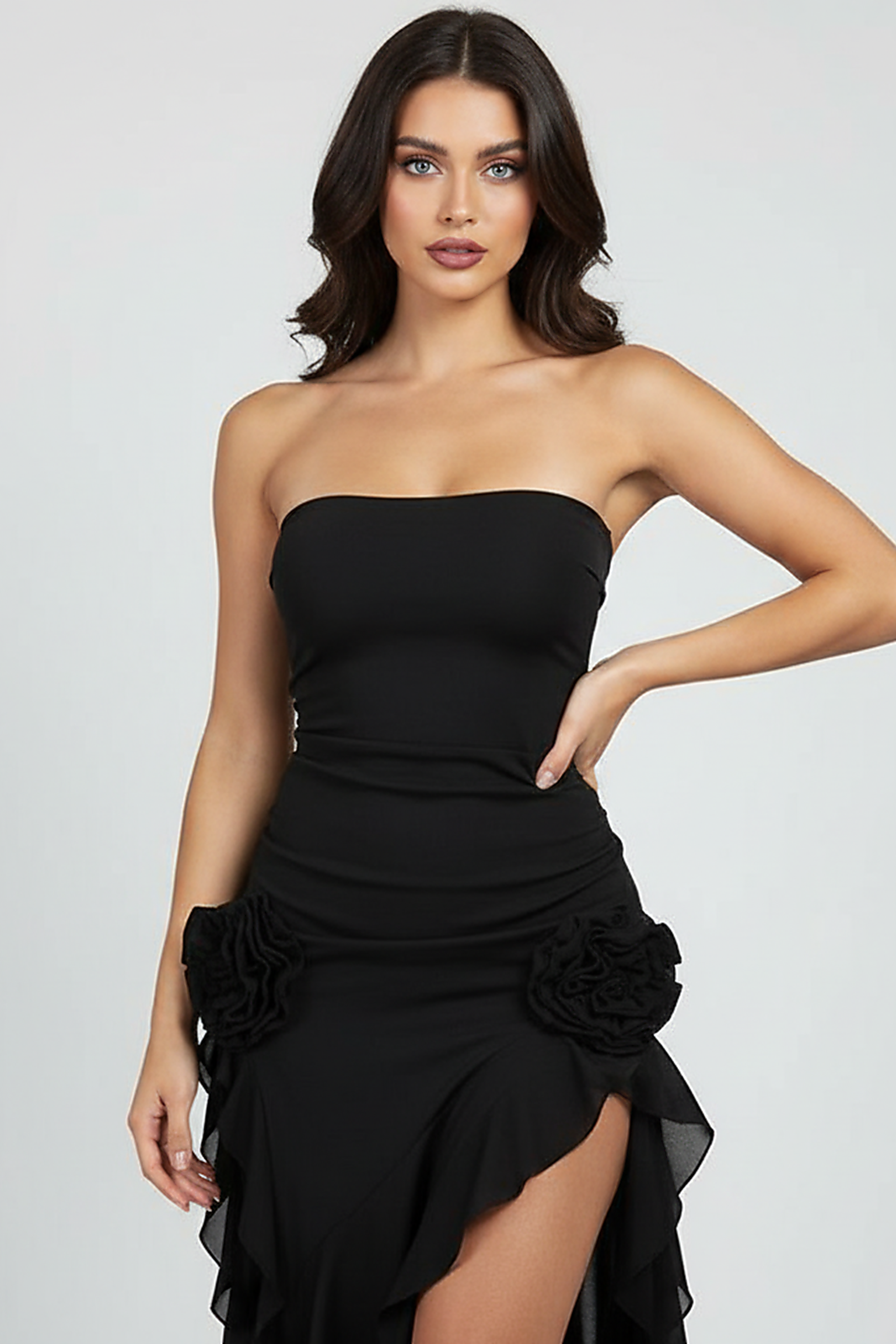 Black Strapless Rosette Ruffle Dress