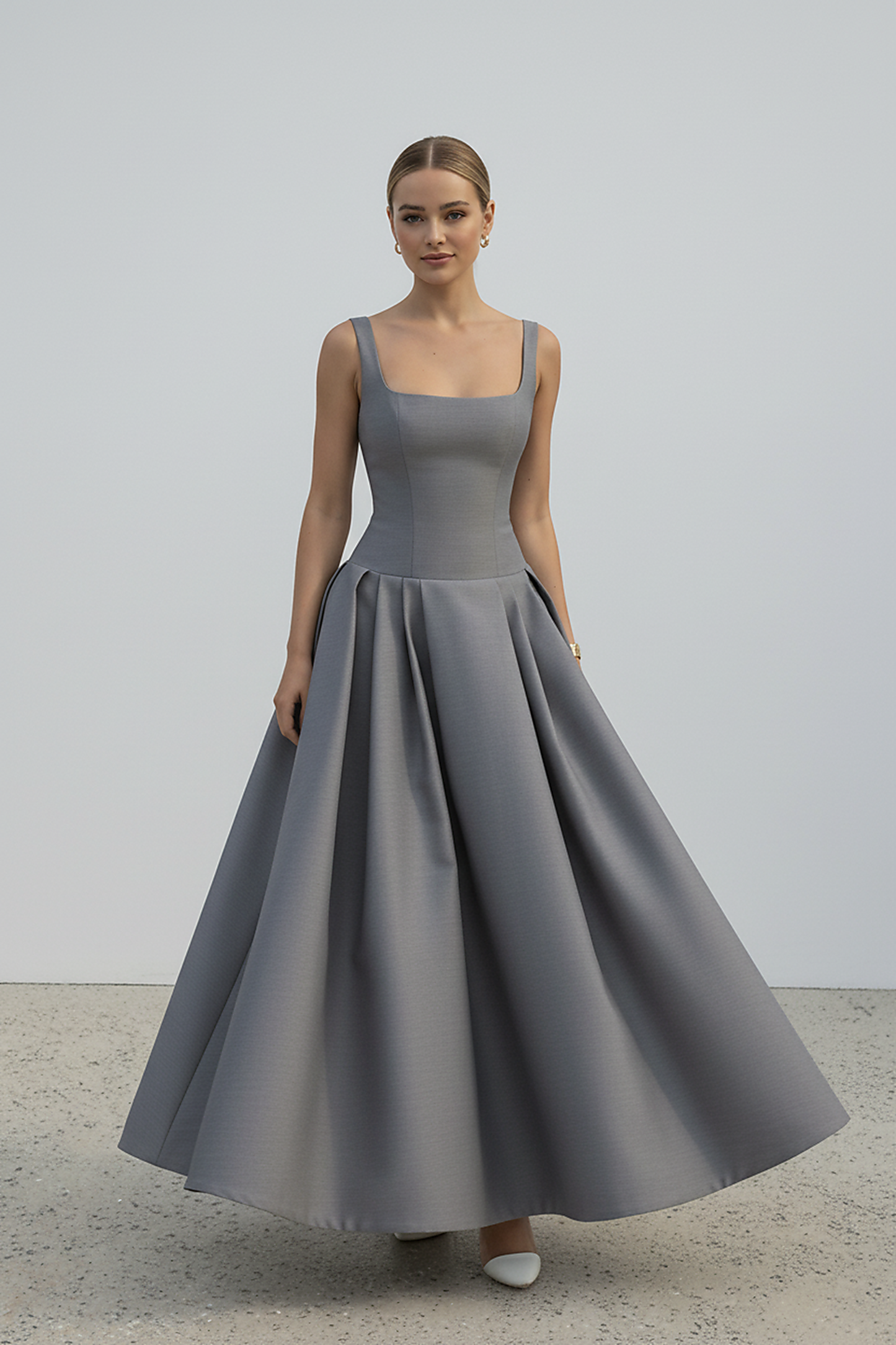 Polka dot maxi dress, back view on model.