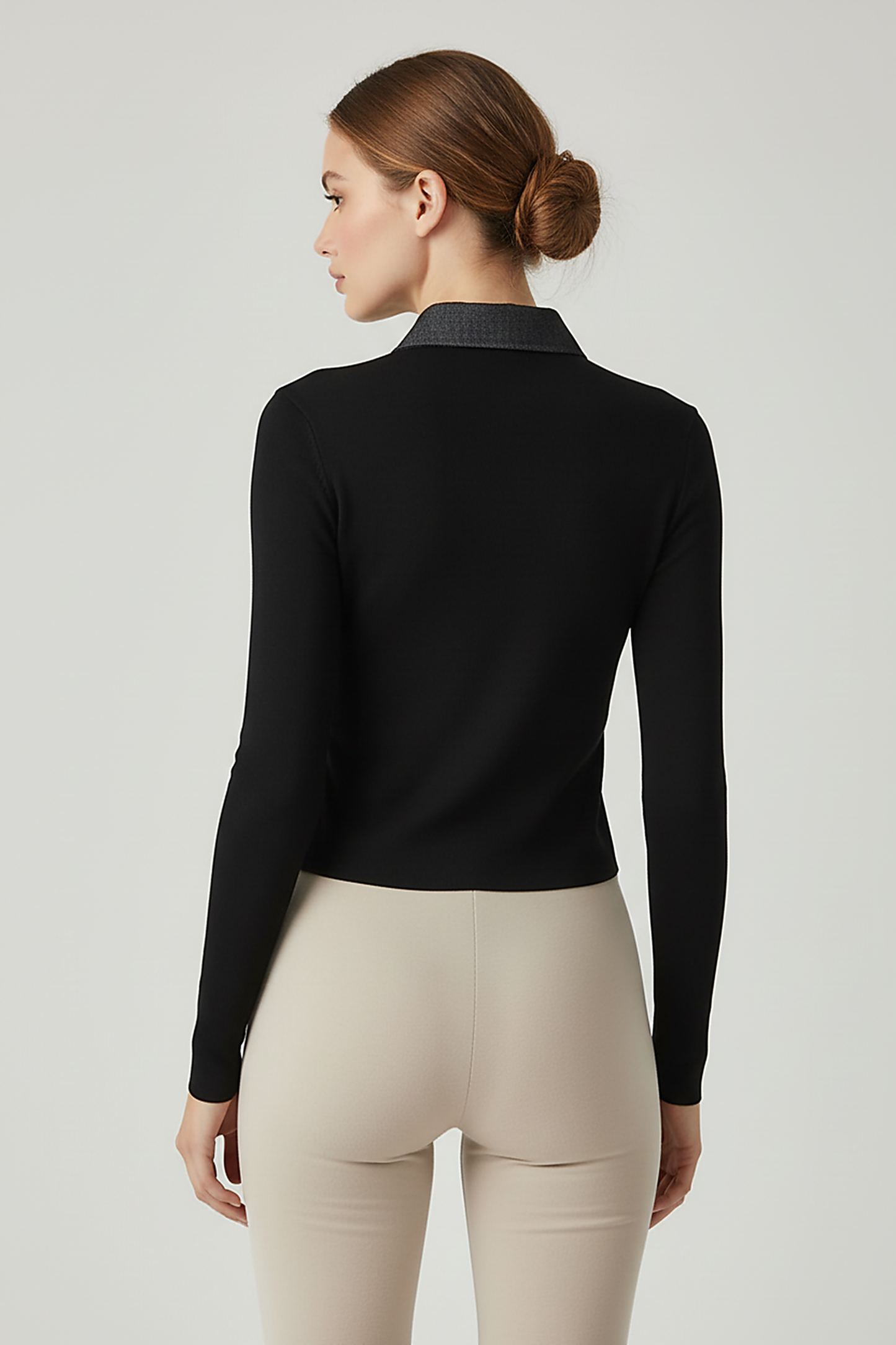 Sleeveless ribbed maxi dress with denim collar. Back view on model.