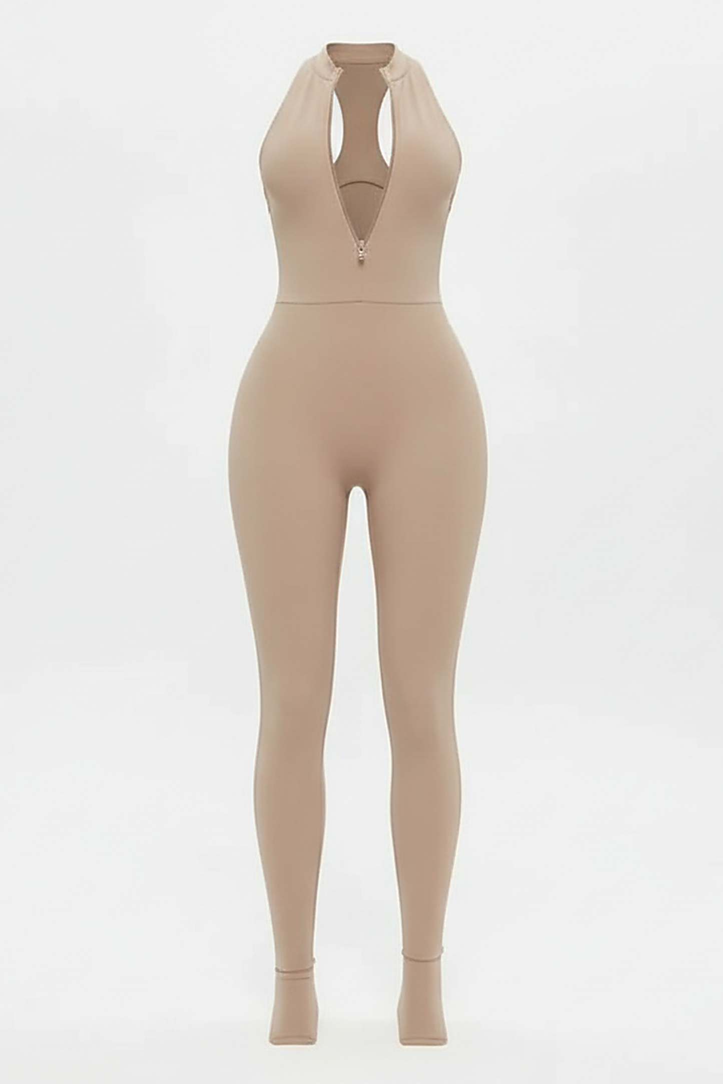 Red sporty jumpsuit, front view on model.