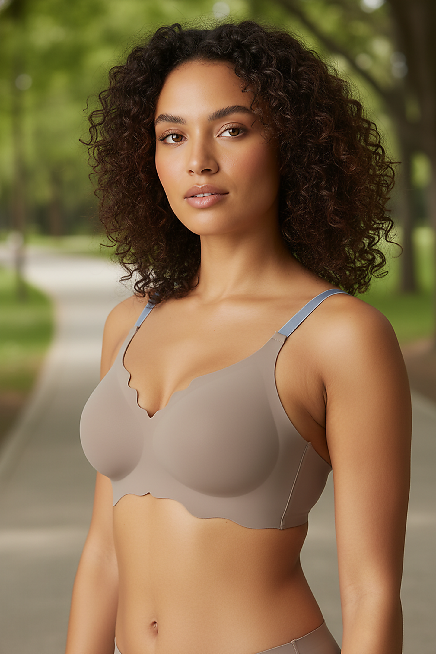 Neutral bralette, outdoor lifestyle shot on model.