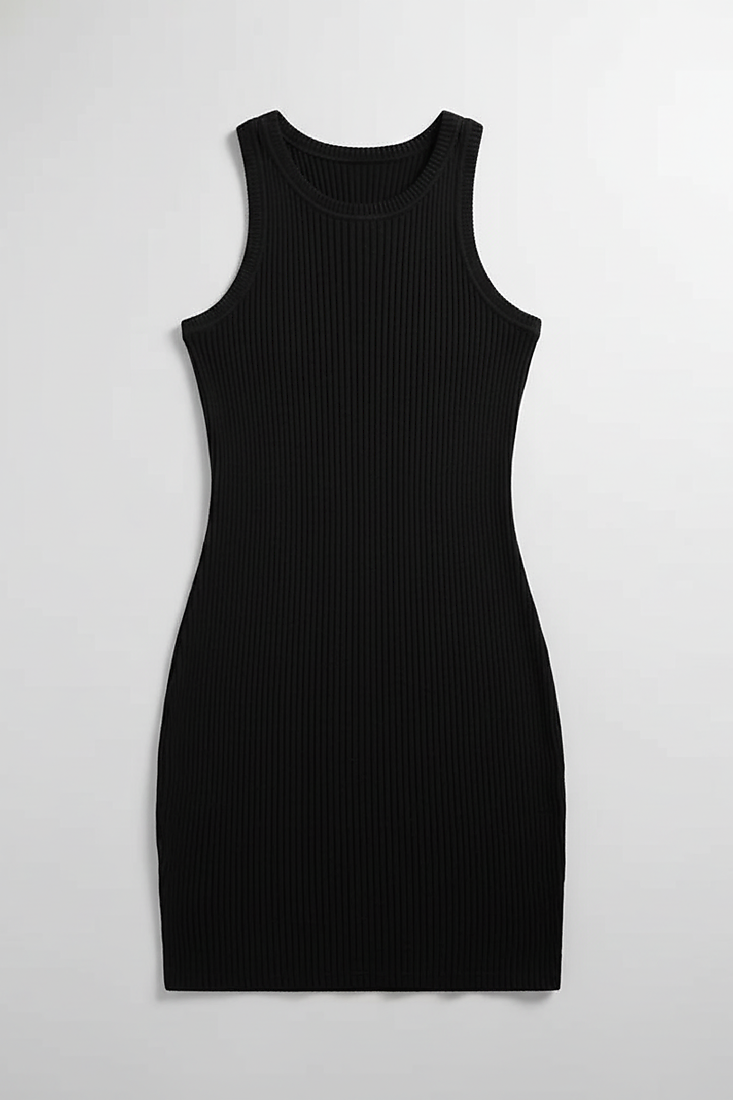 woman wearing black ribbed bodycon mini dress, front view, standing, hands relaxed