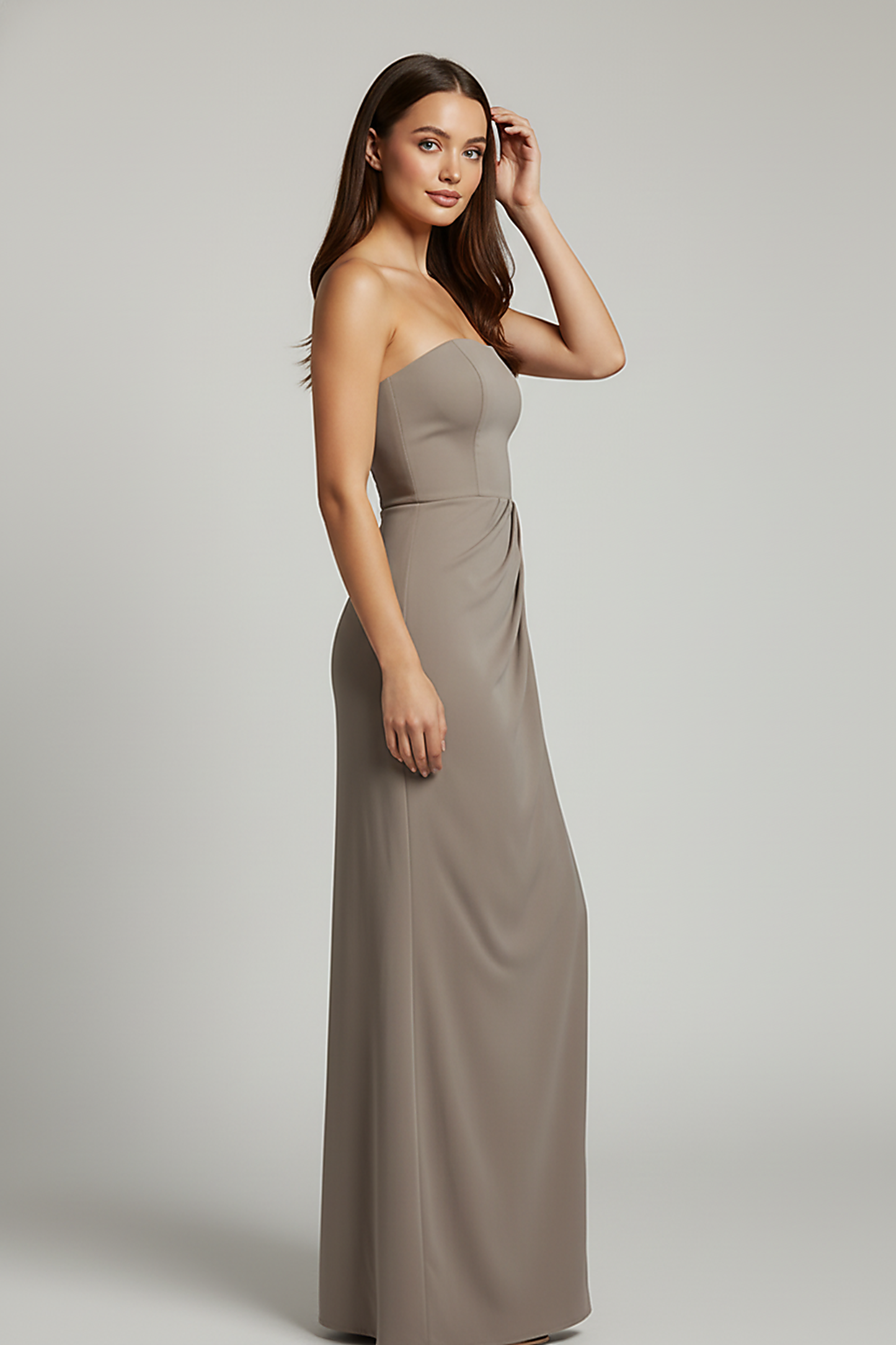 Black off-shoulder bodycon long dress, front view on model.