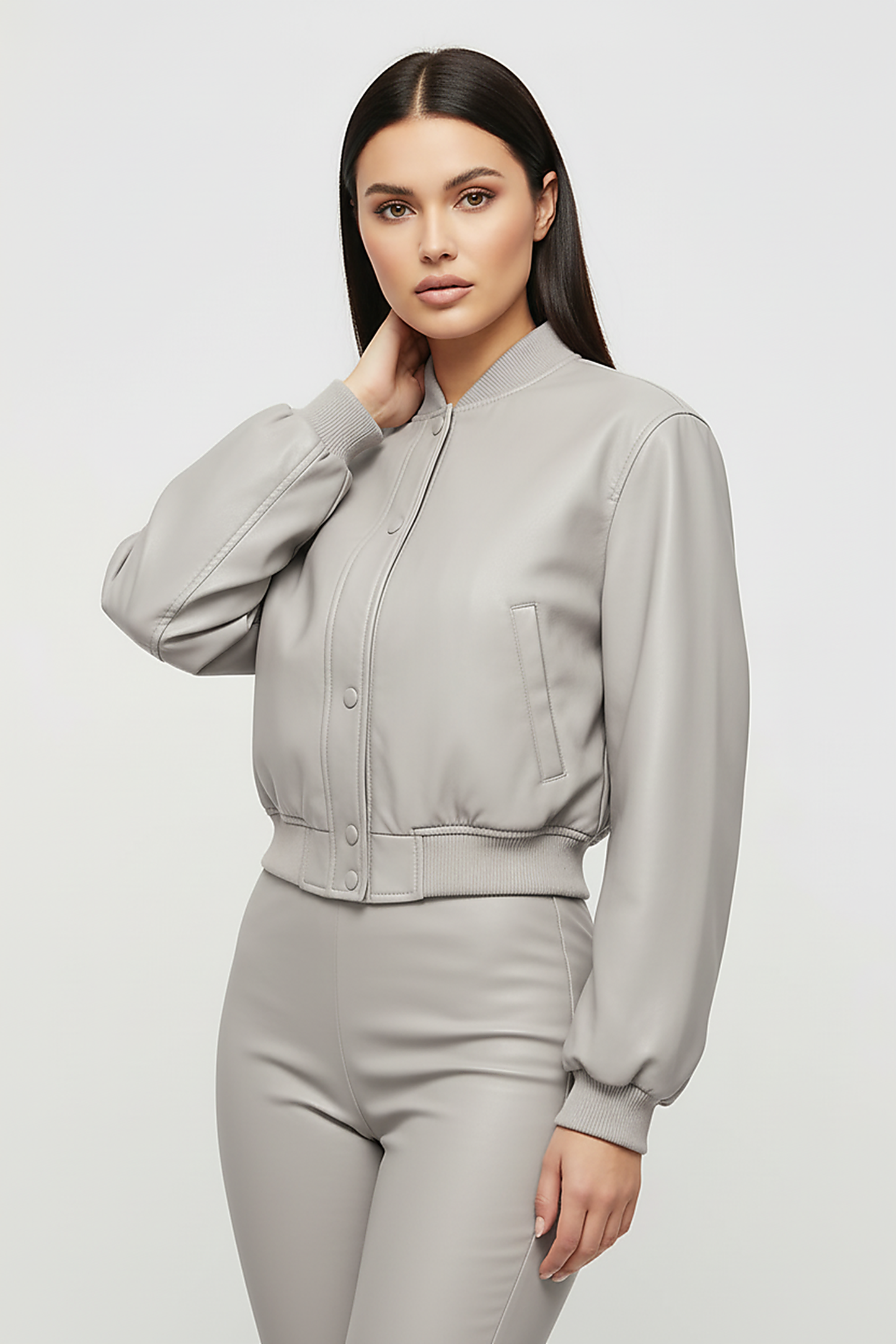 Distressed faux leather bomber jacket, back view on model.