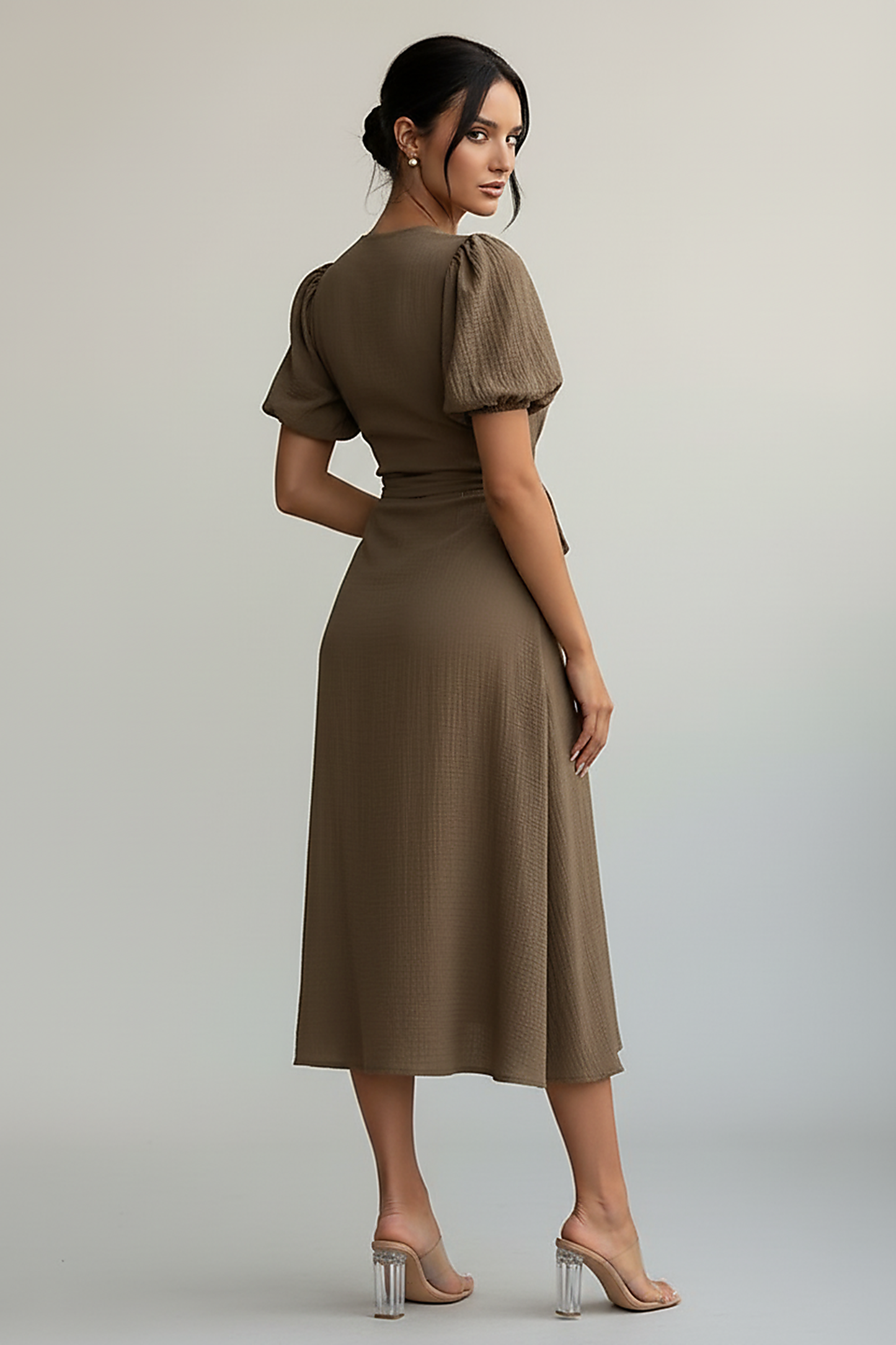 Floral print midi dress, back view on model.