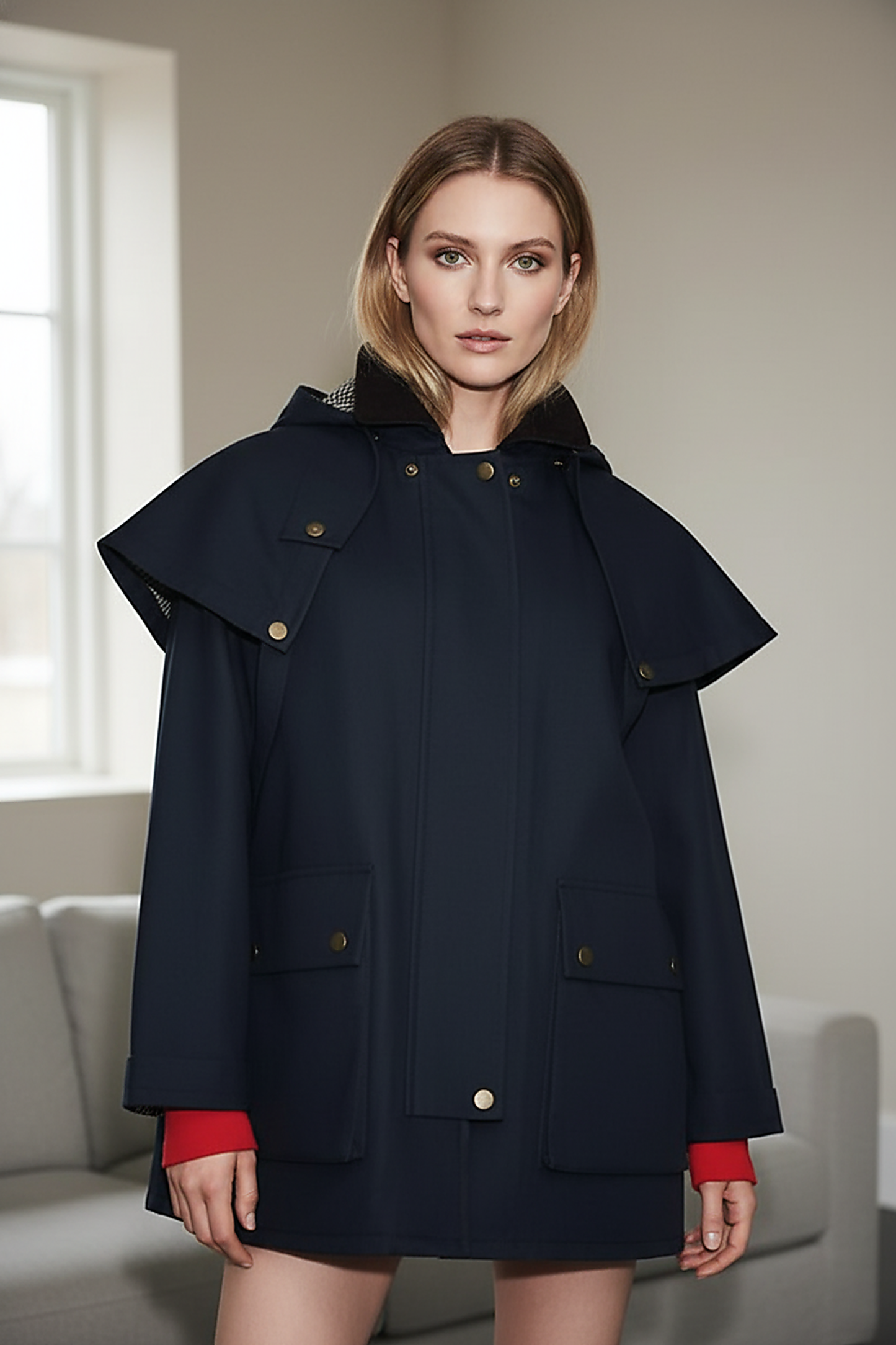 Removable hooded coat, fabric texture detail.