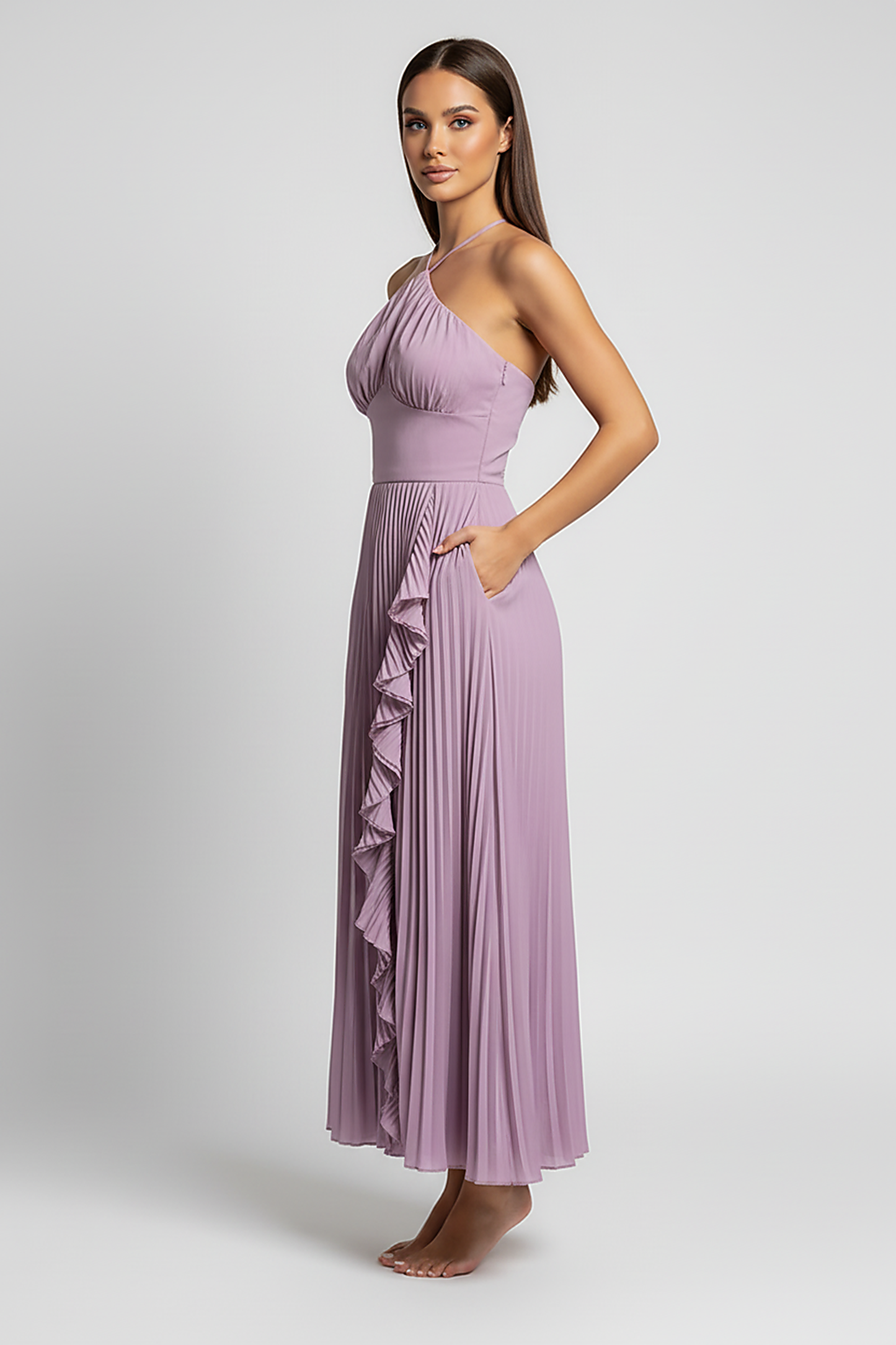 Elegant lotus edge sleeveless slim fit vestidos, front view on model.