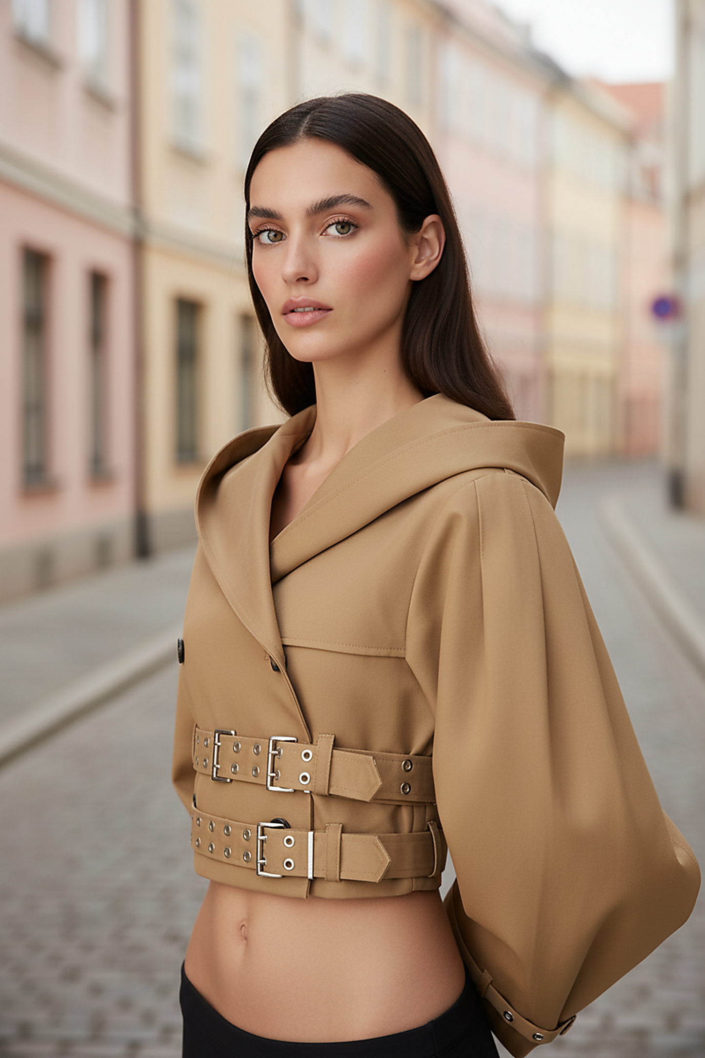 Black hooded crop trench coat, fabric texture detail.