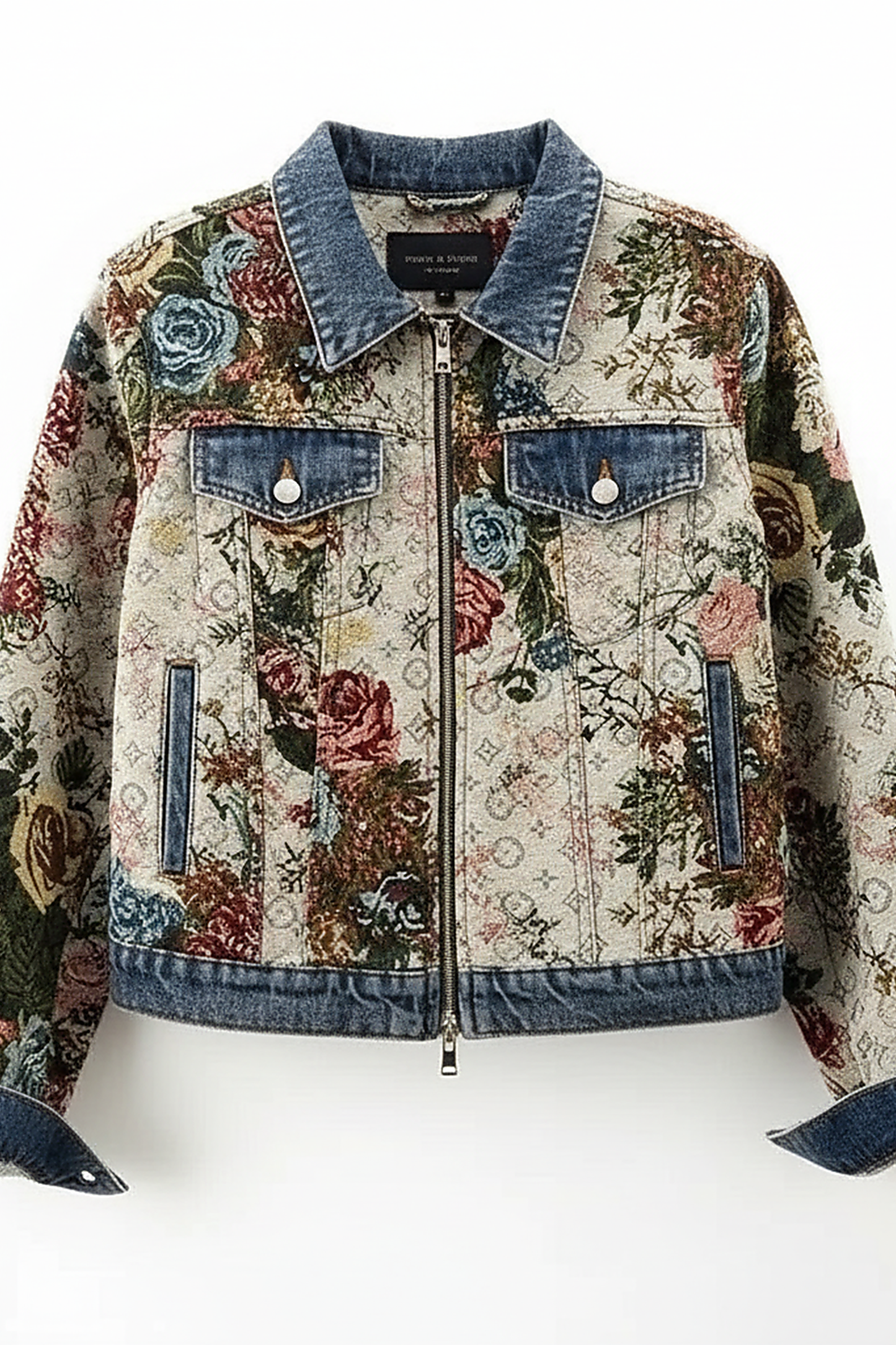 Jacquard denim jacket, fabric detail.