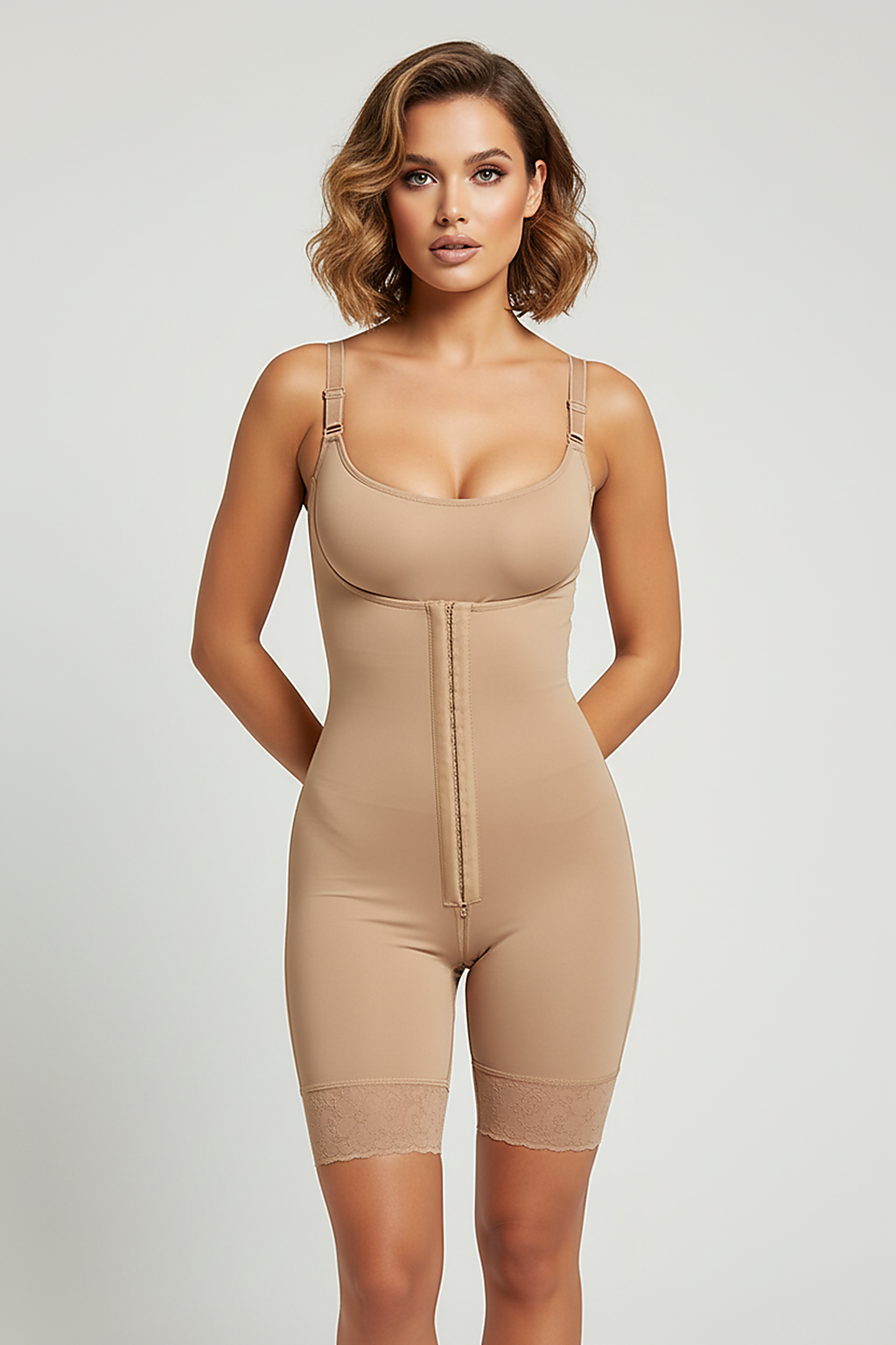 Beige tummy control fajas shapewear, front view on model.