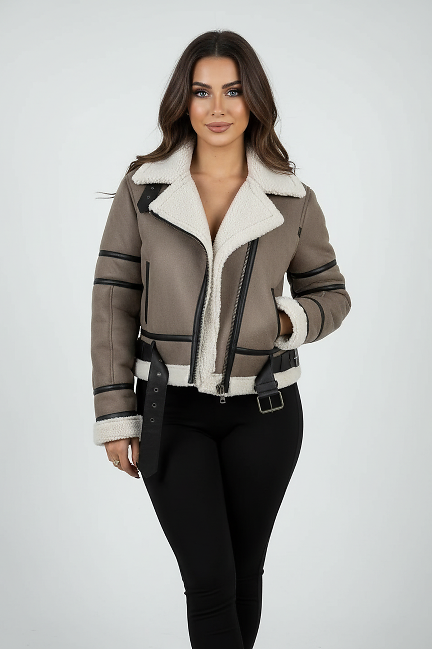 Cream synthetic sheepskin bomber jacket, front view on model.