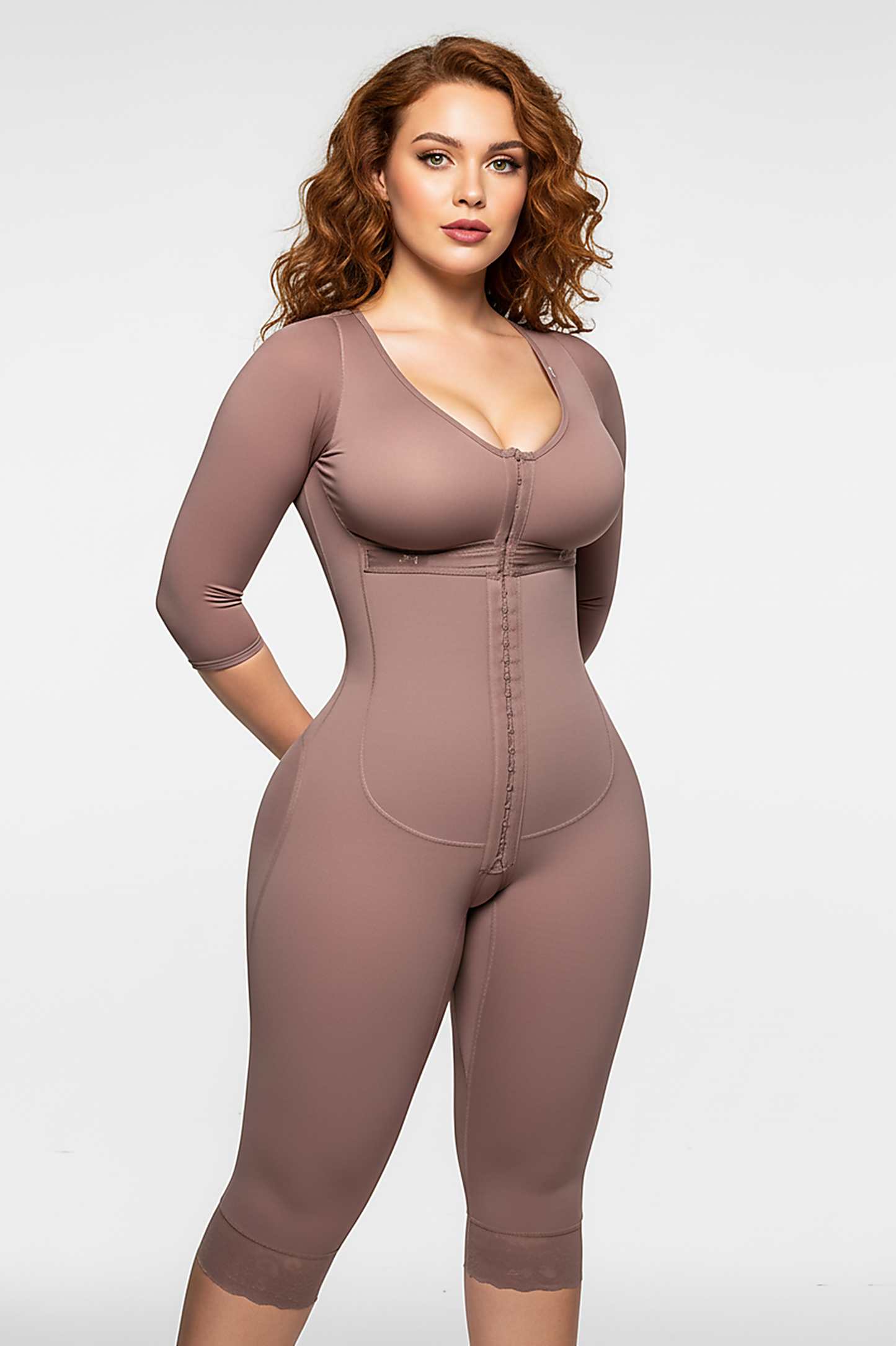 Full-body shaper, front view on model.