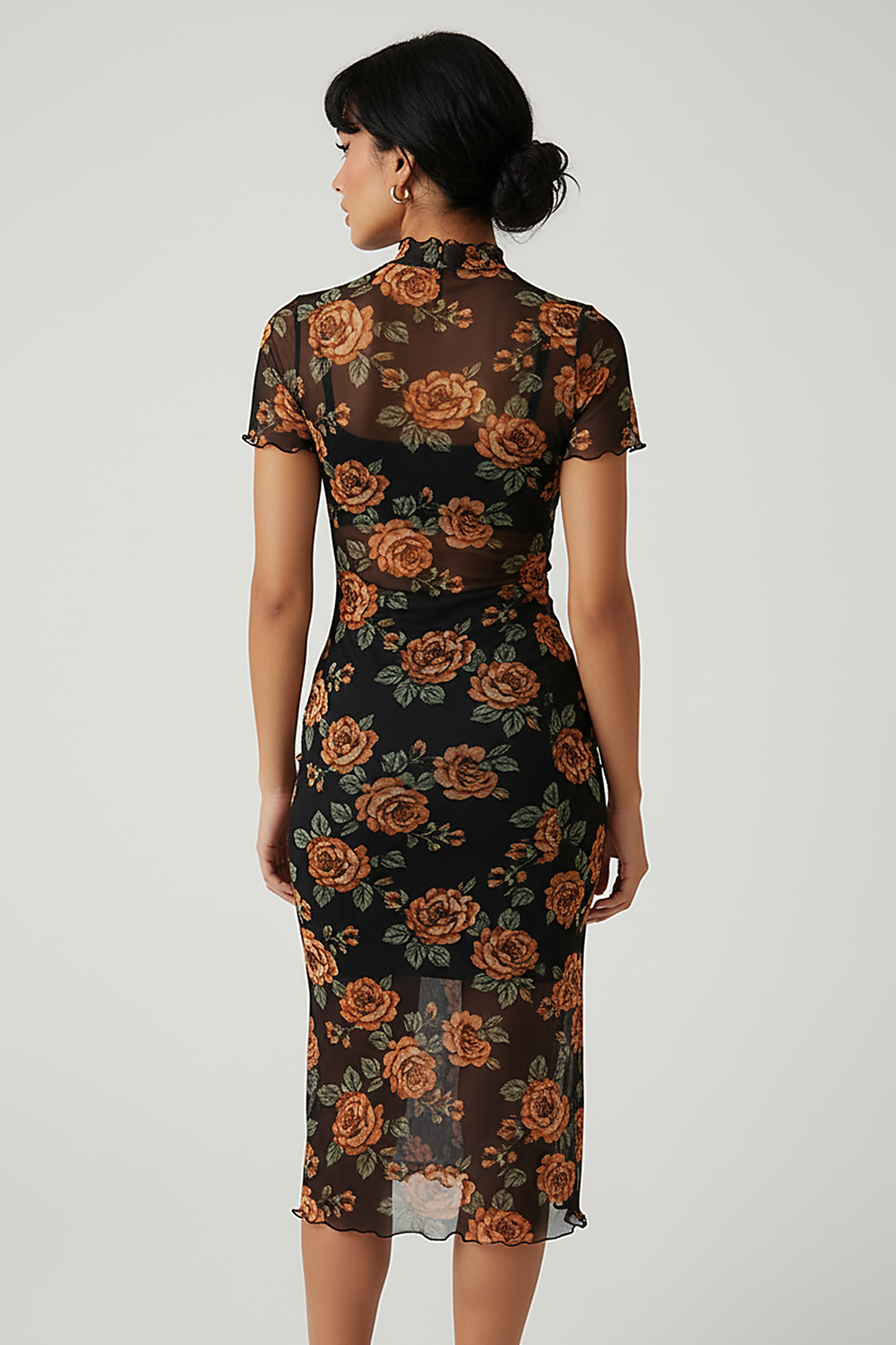 Dark floral print short-sleeve double-layer midi dress, front view on model.