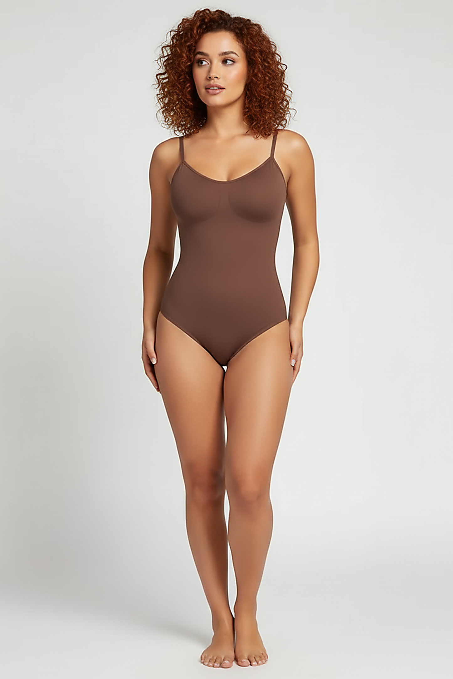 Spandex thong bodysuit, front view on model.