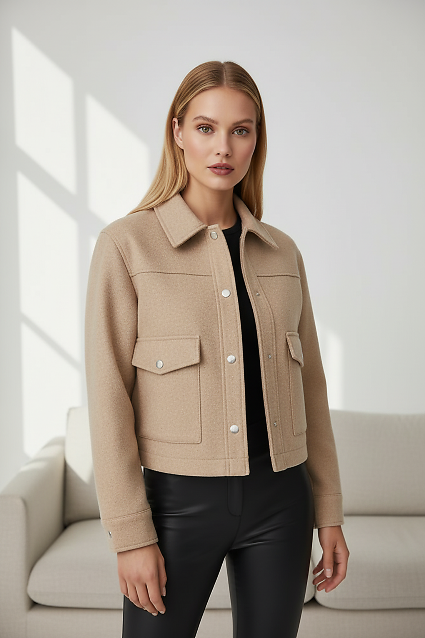 Solid long-sleeve jacket fabric detail.