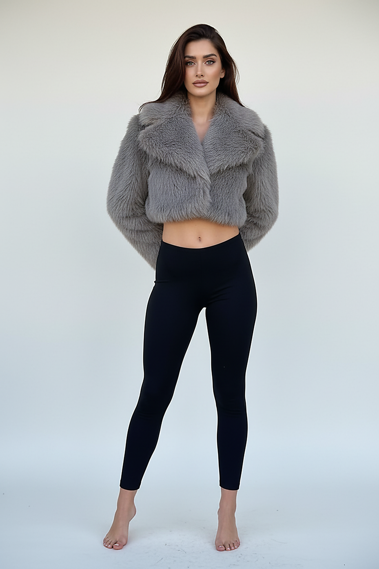 Cropped faux fur jacket, sleeve cuff detail.