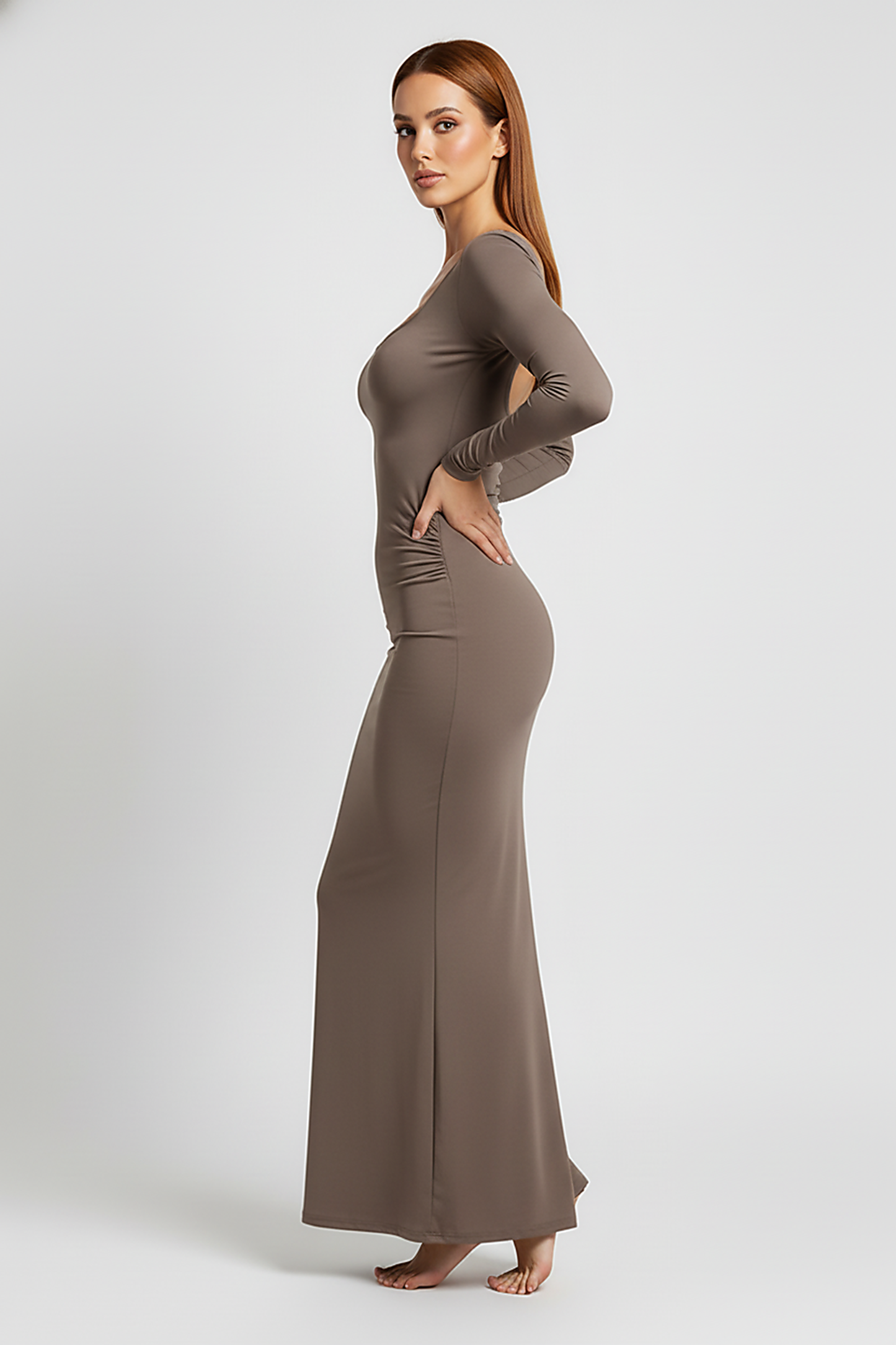 Elegant solid backless bodycon maxi evening gown, front view on model.
