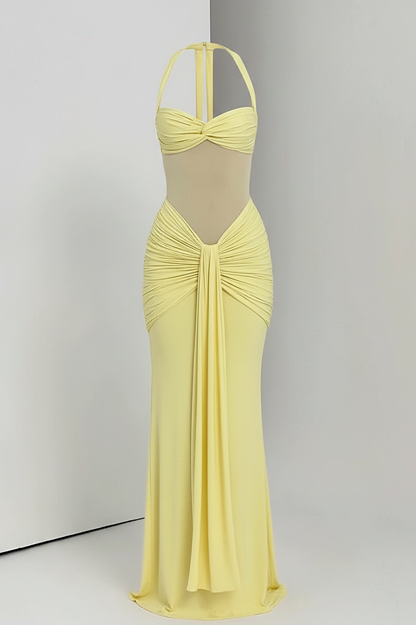 Halter backless patchwork off-shoulder maxi dress, front view on model.