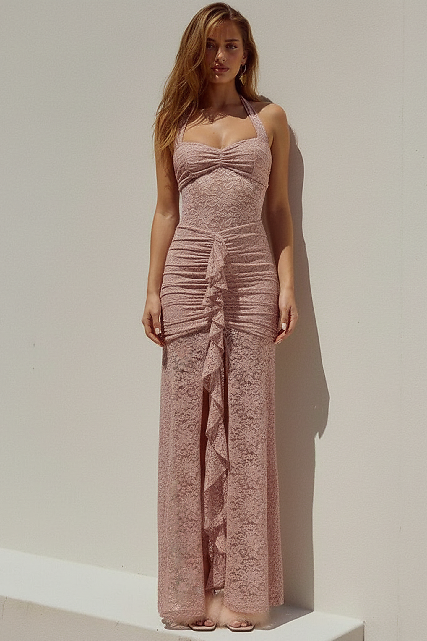 Black maxi dress, full length front view.