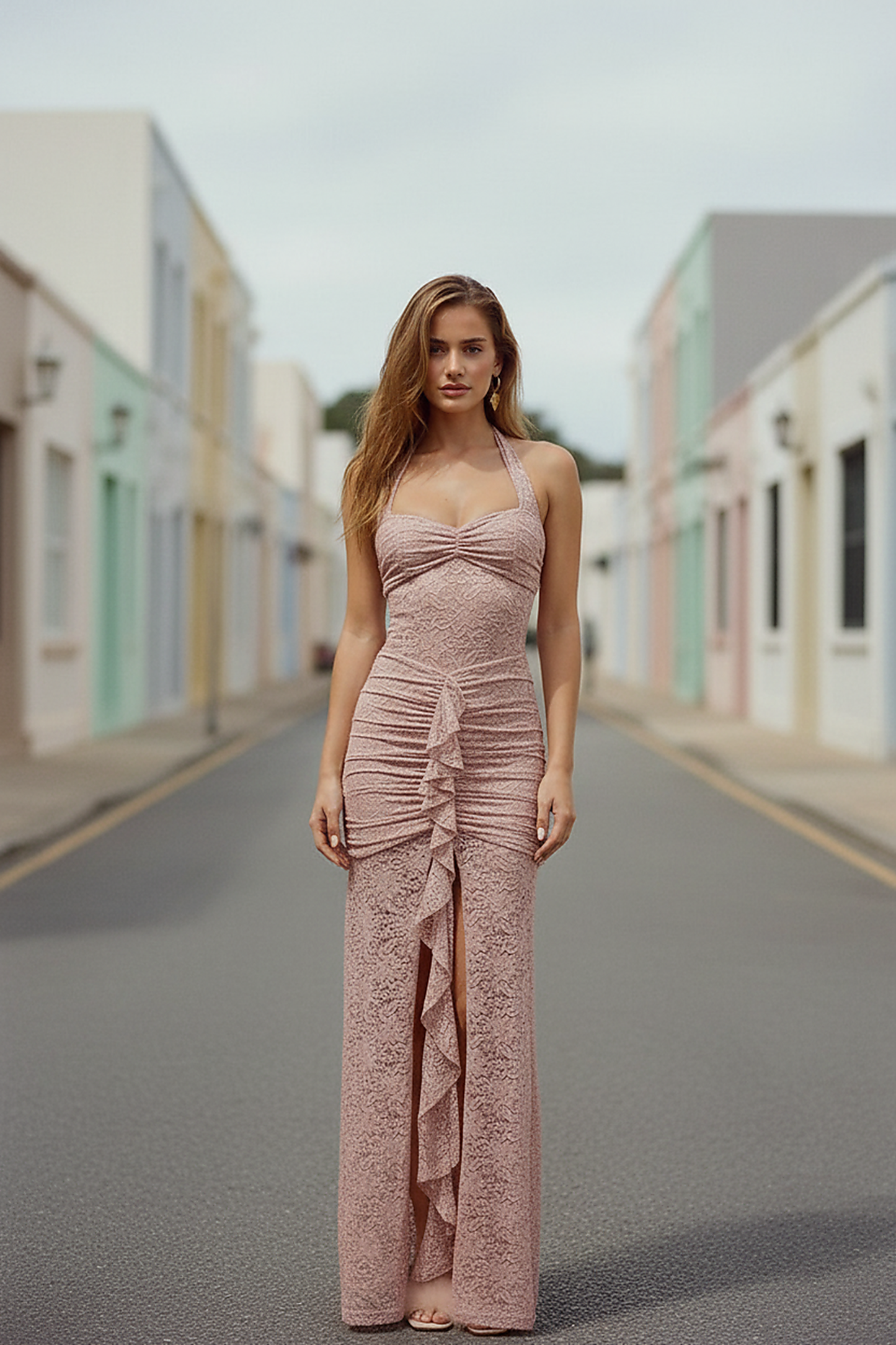 Black maxi dress, ruched fabric detail.