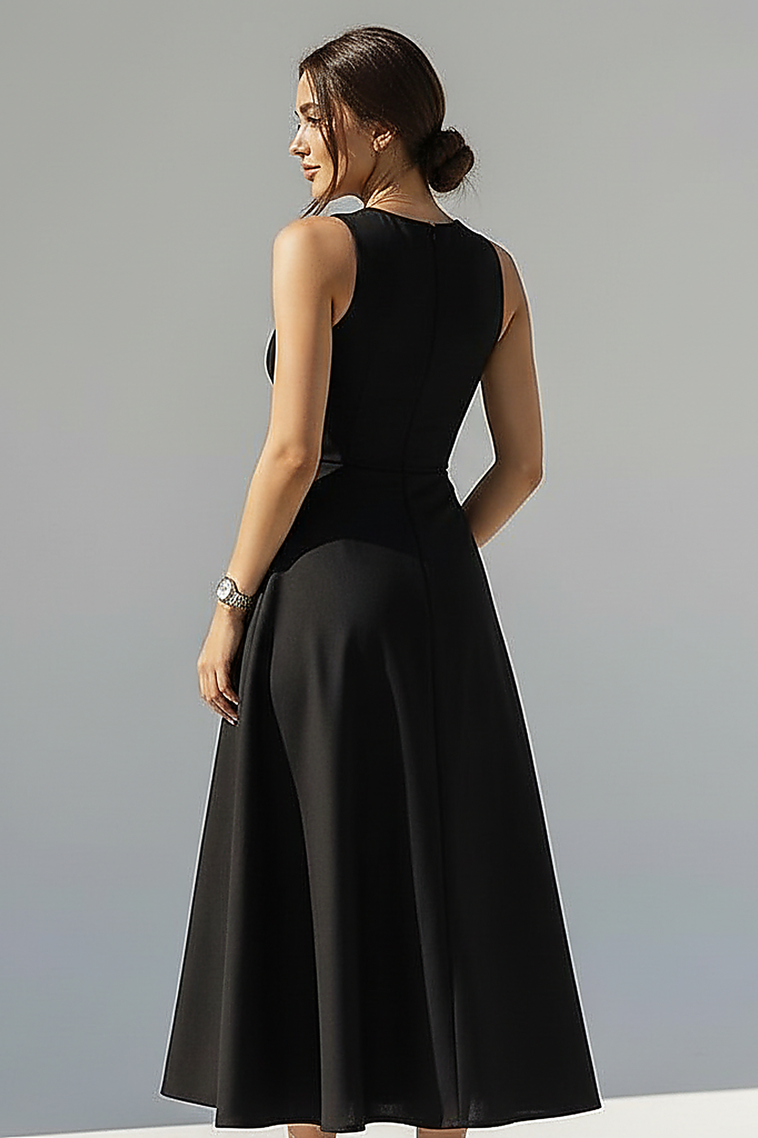 Sleeveless Black A-Line Midi Dress