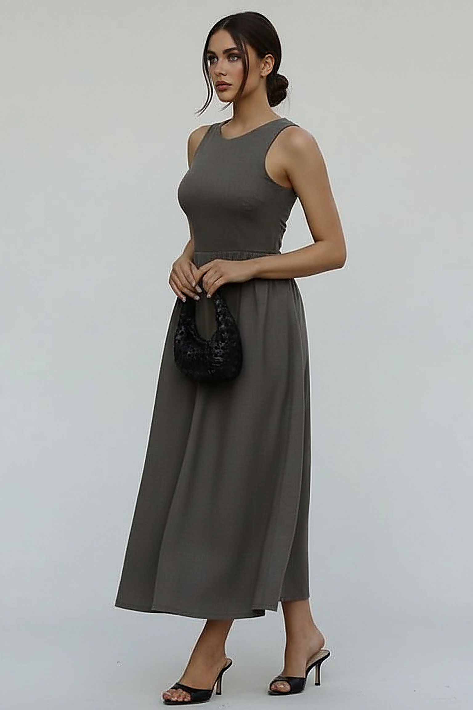 Sleeveless Black A-Line Midi Dress