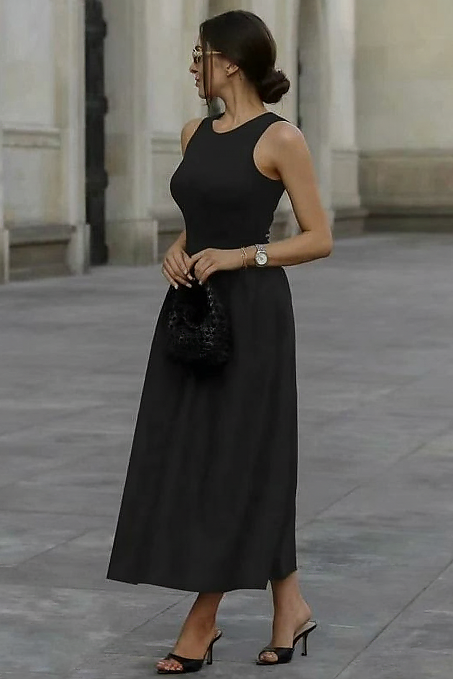 Sleeveless Black A-Line Midi Dress