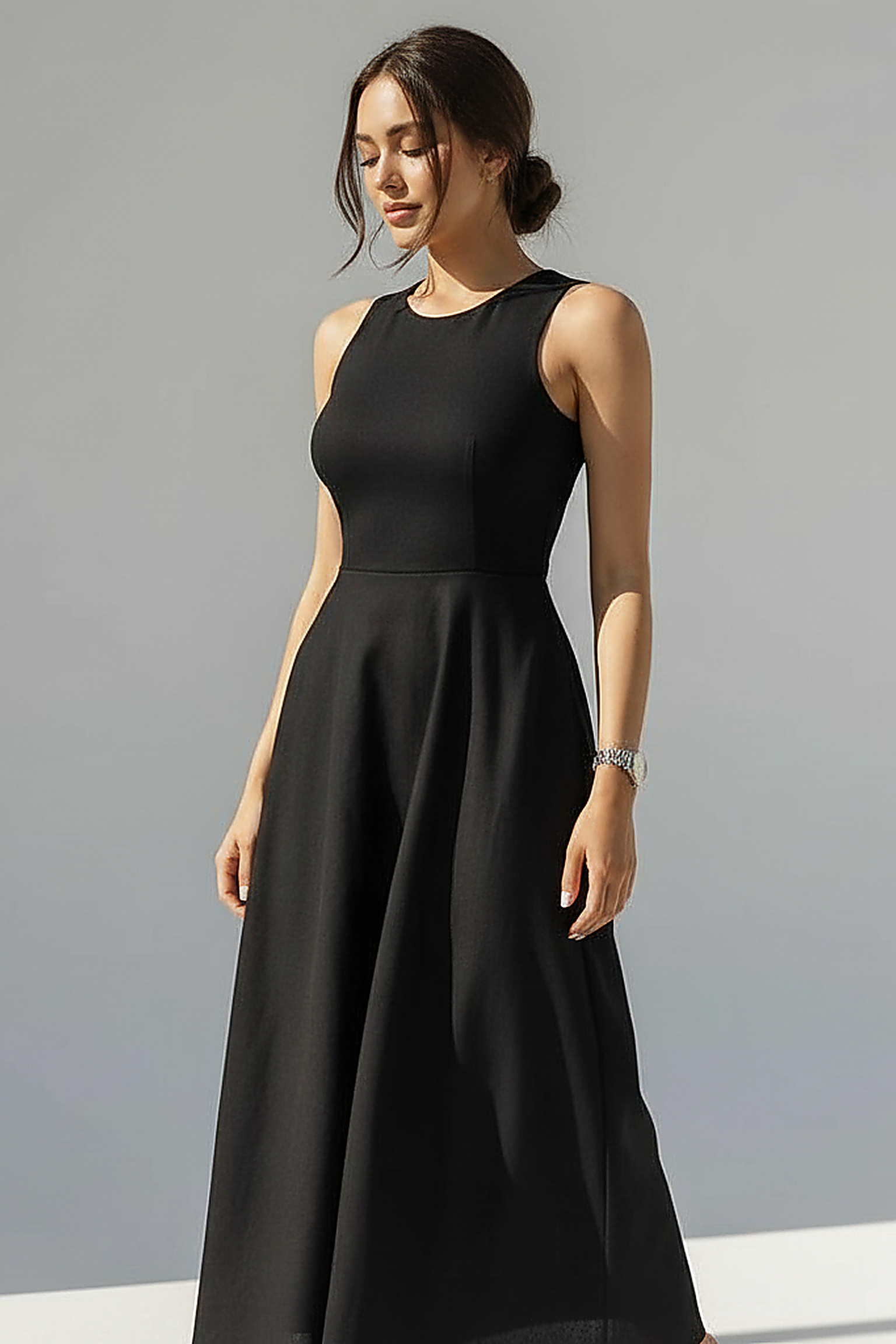 Sleeveless Black A-Line Midi Dress