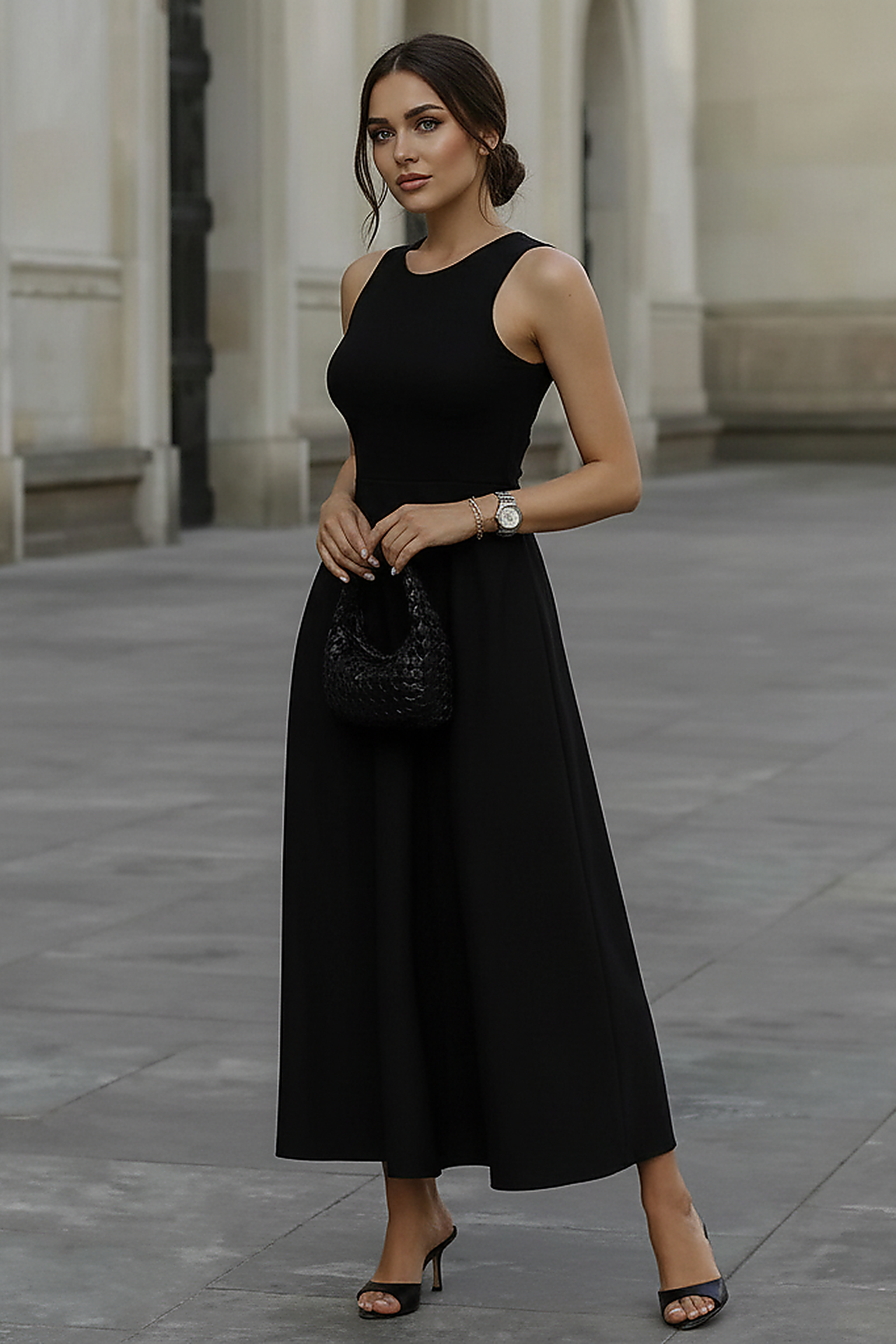 Sleeveless Black A-Line Midi Dress