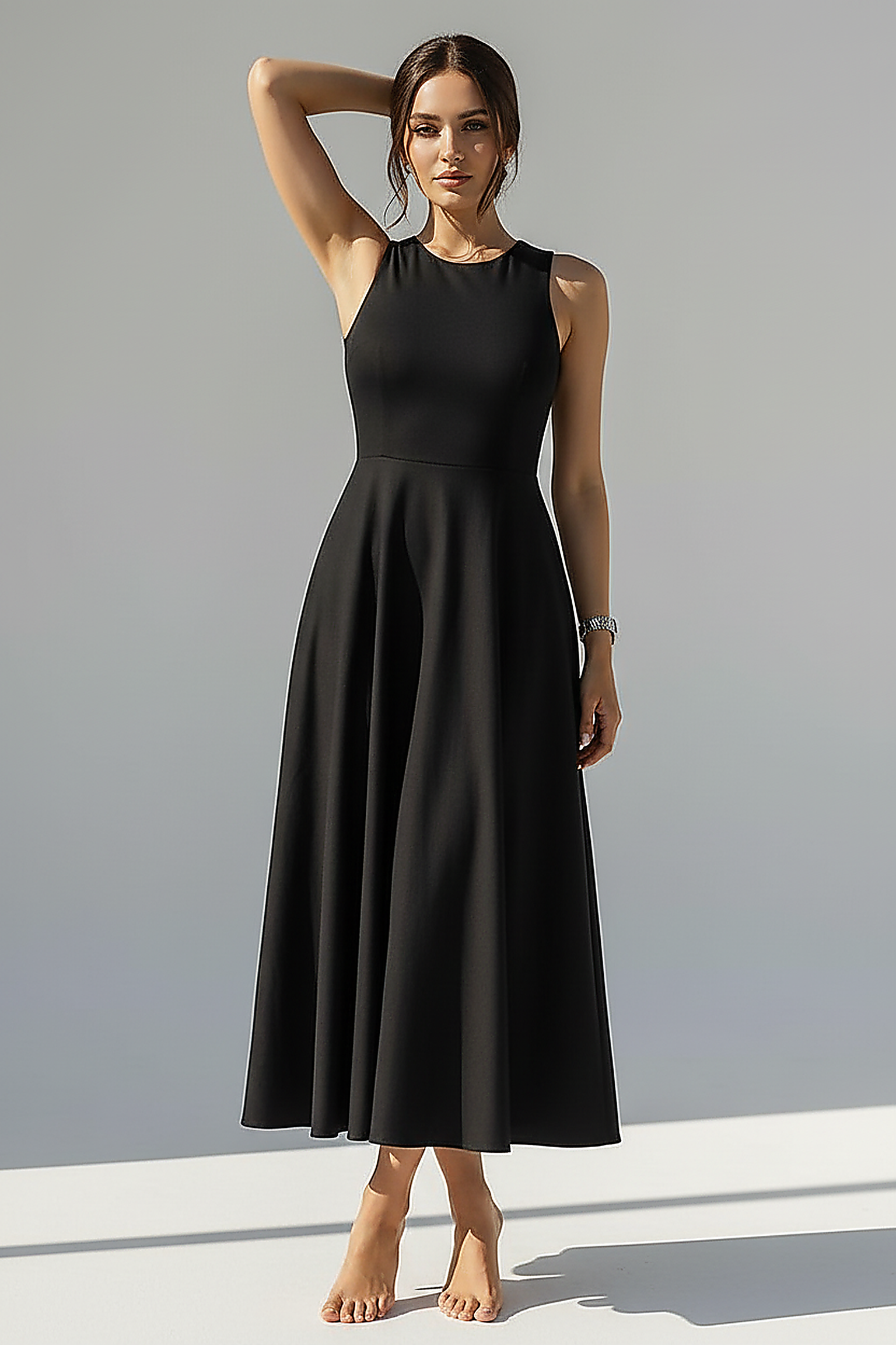 Sleeveless Black A-Line Midi Dress