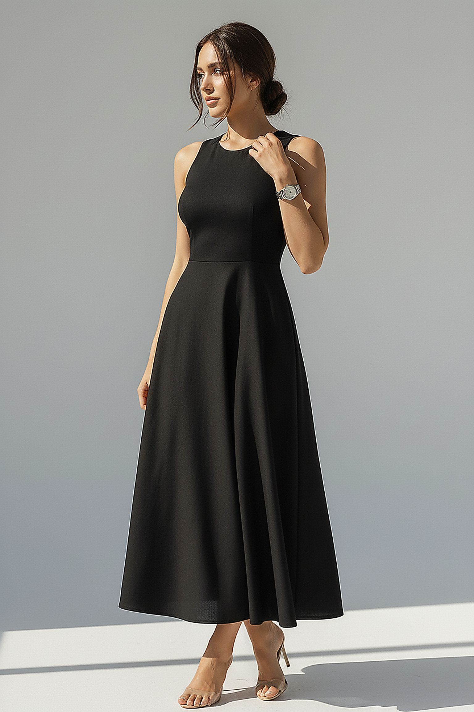 Sleeveless Black A-Line Midi Dress