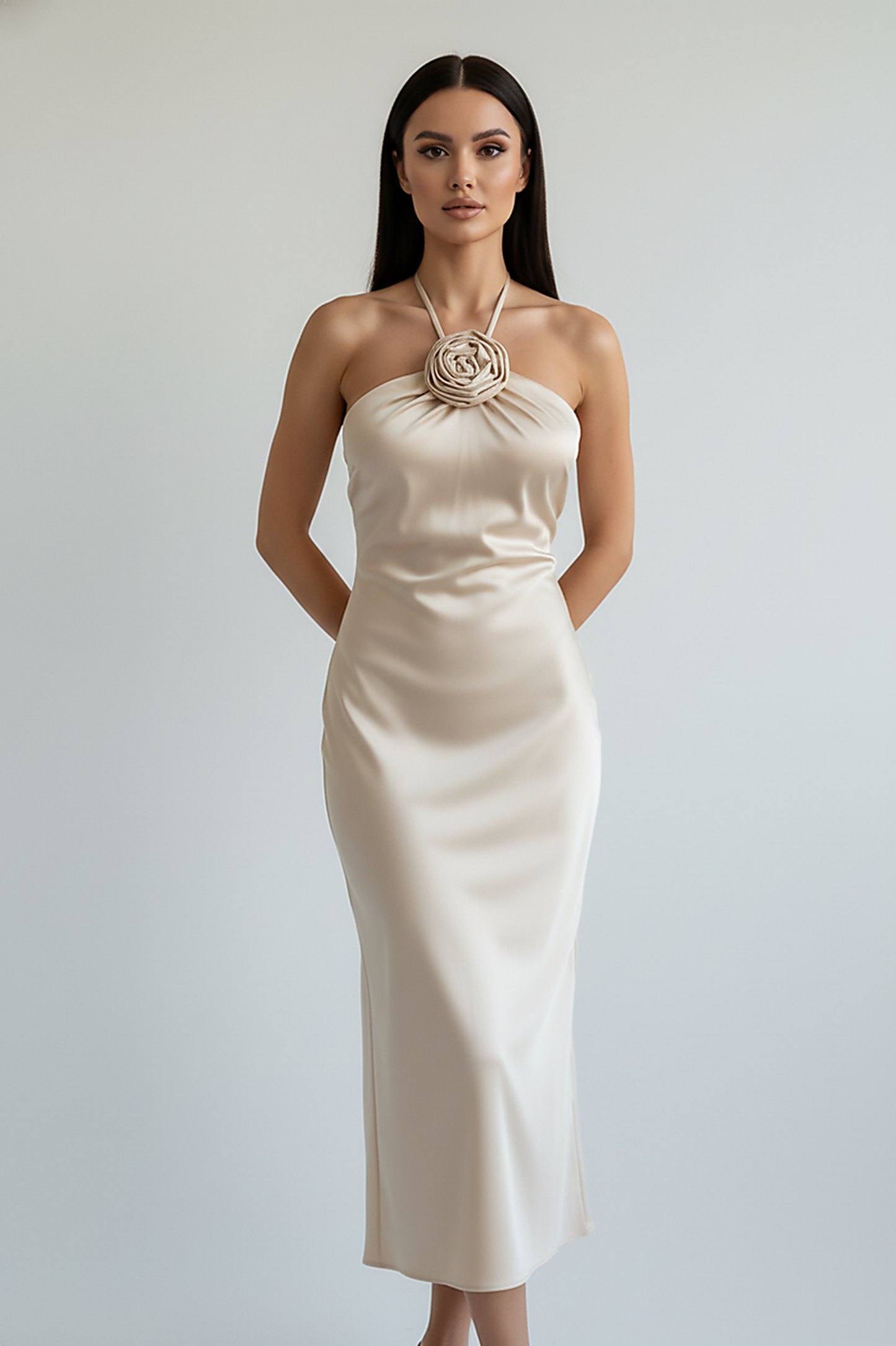 Floral satin backless off-shoulder maxi dress, front view on model.