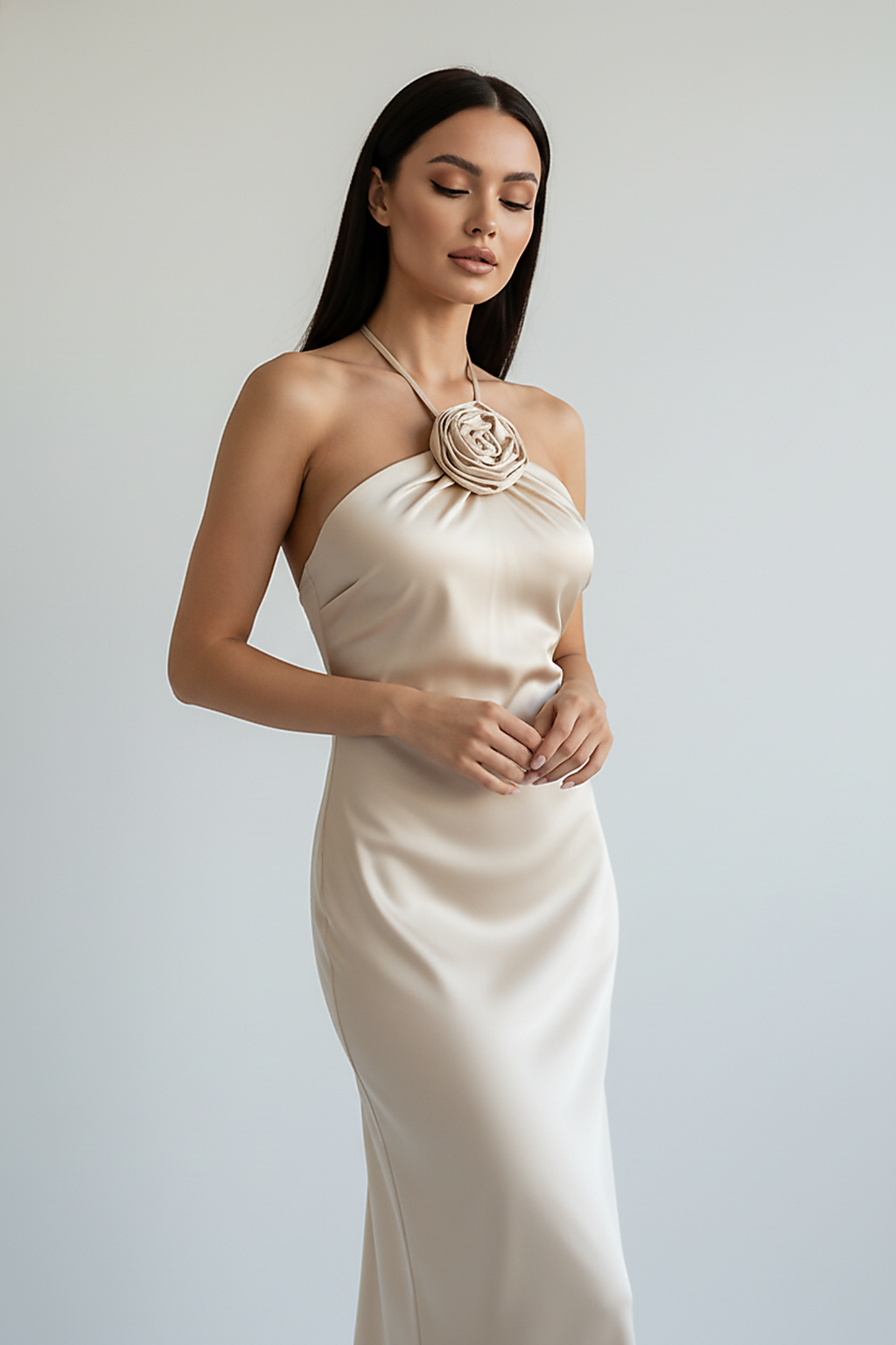 Floral satin backless long evening dress, front view on model.