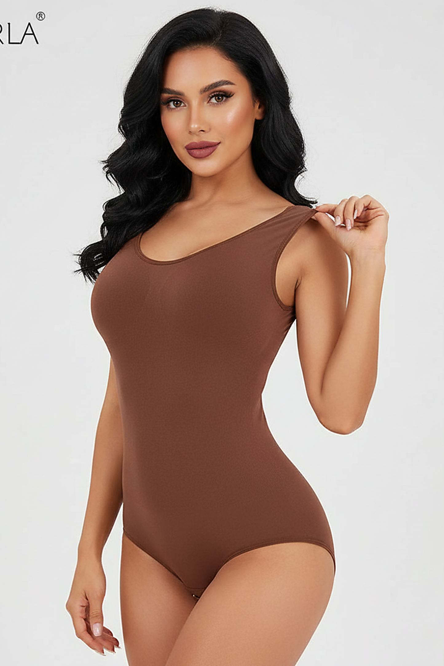 Slimming bodysuit, front view on model.