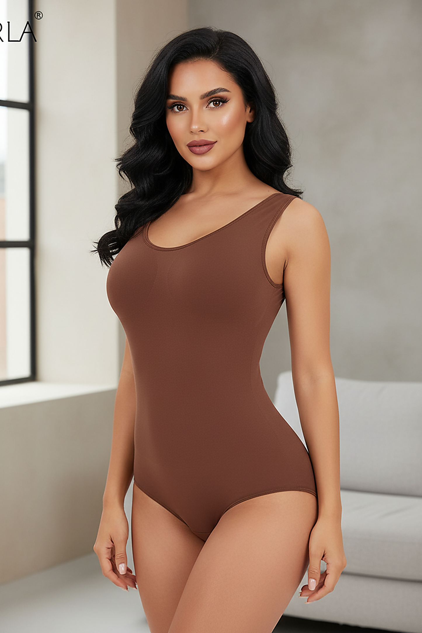 Slimming bodysuit, indoor lifestyle view on model.