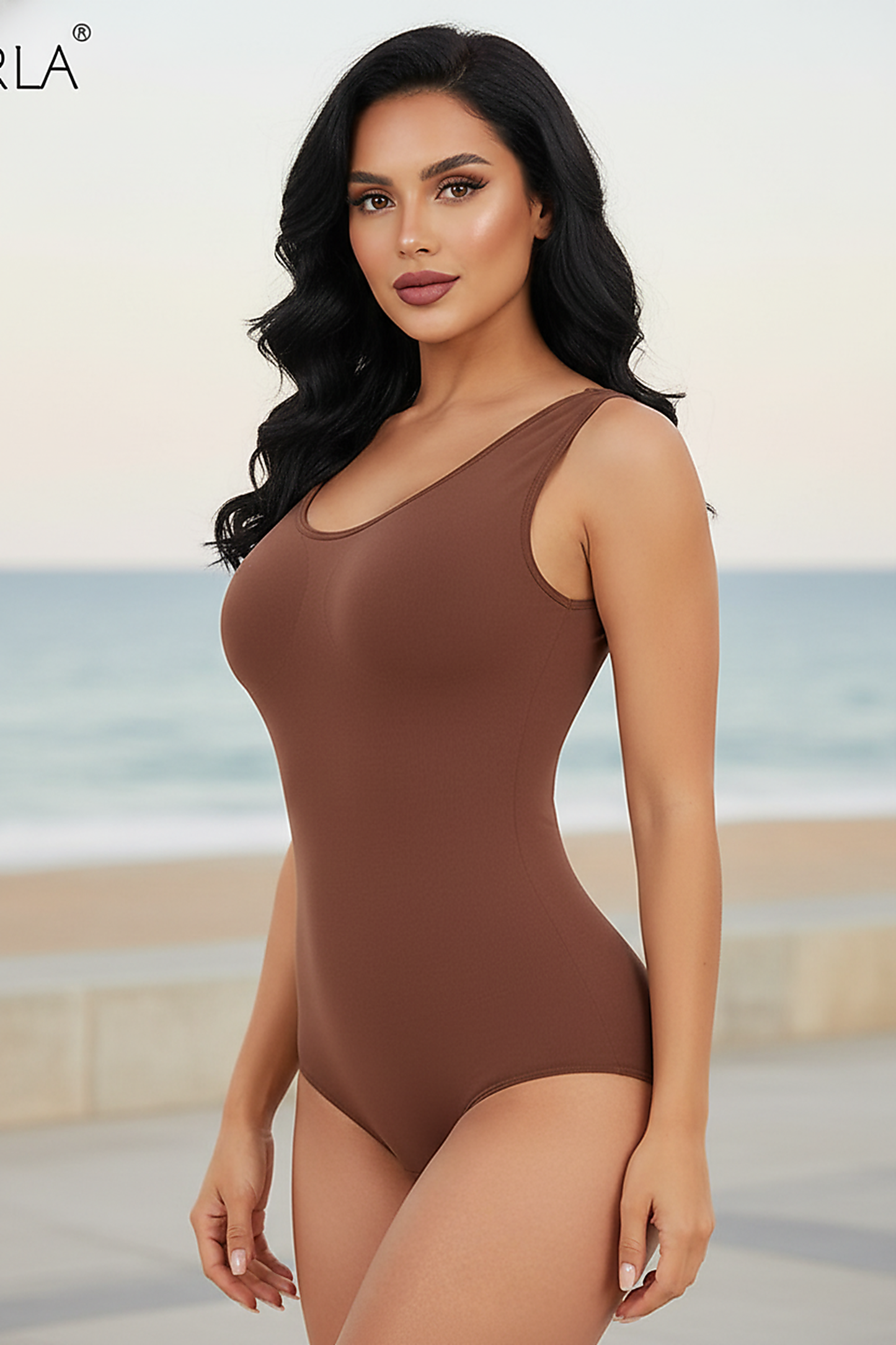 Slimming bodysuit, outdoor lifestyle view on model.