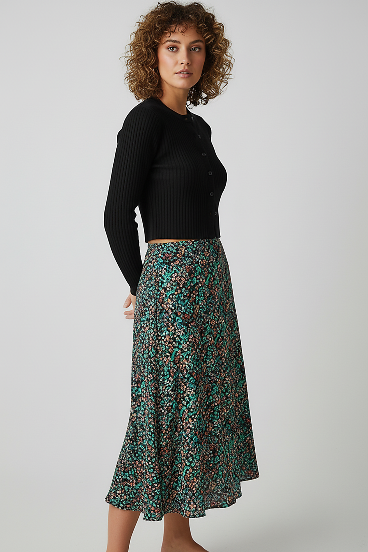 Printed Satin Midi Dress with Cardigan - Thorne & Ivy