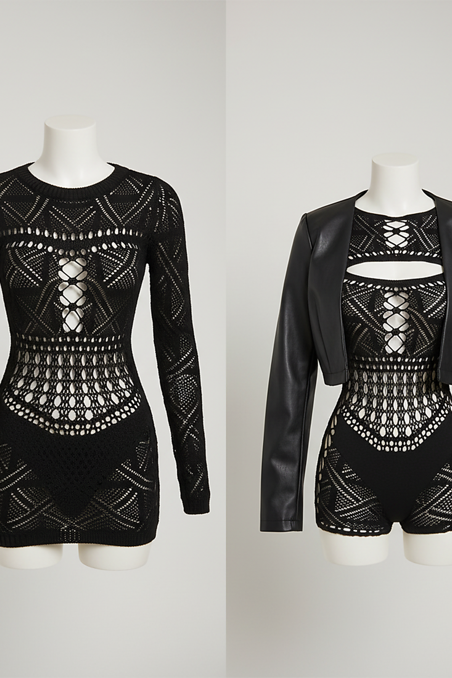 Sheath maxi dress with openwork lace detail, front view on model.