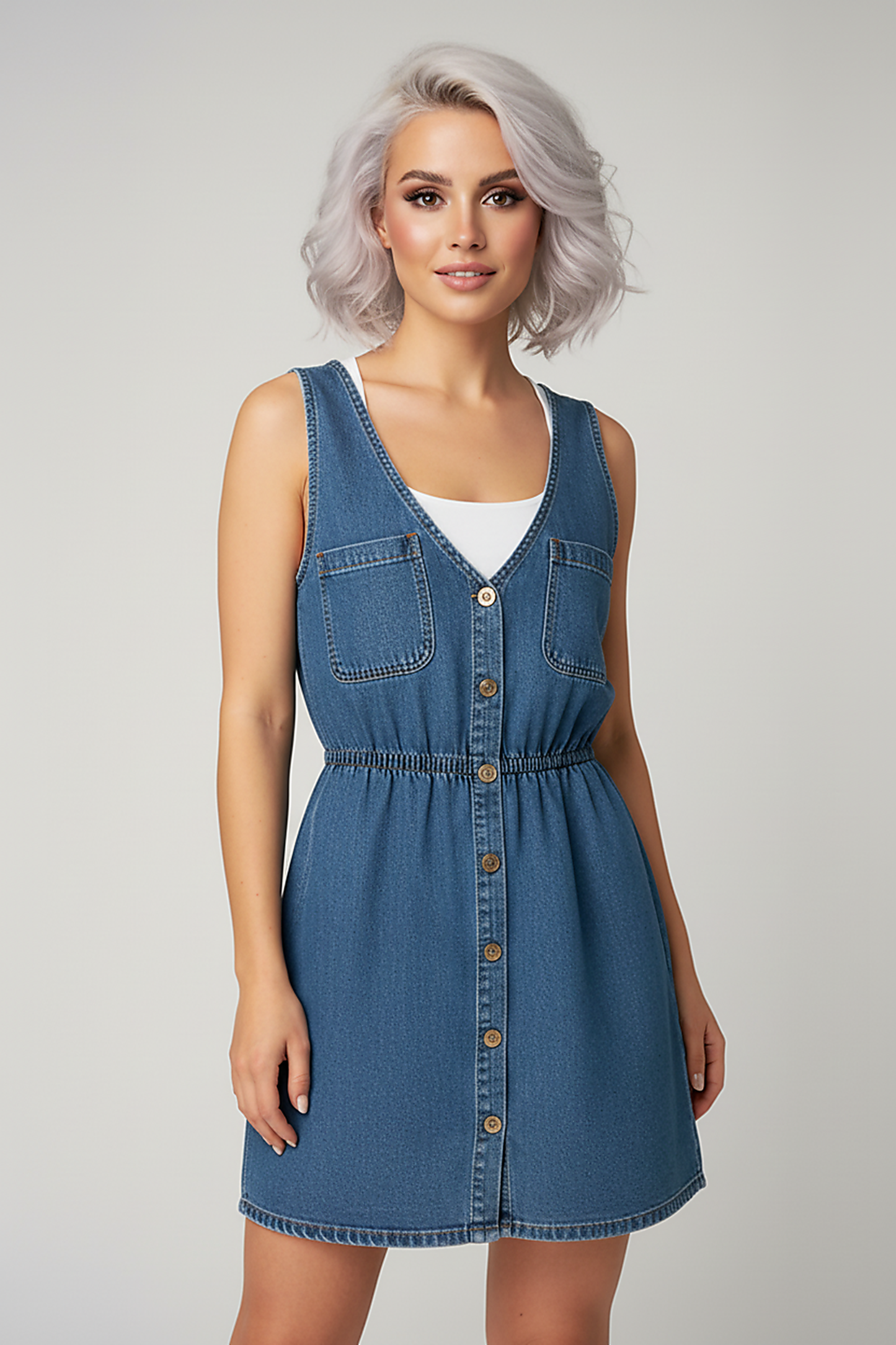 Loose Korean style blue denim mini dress with pockets, casual outdoor shot.