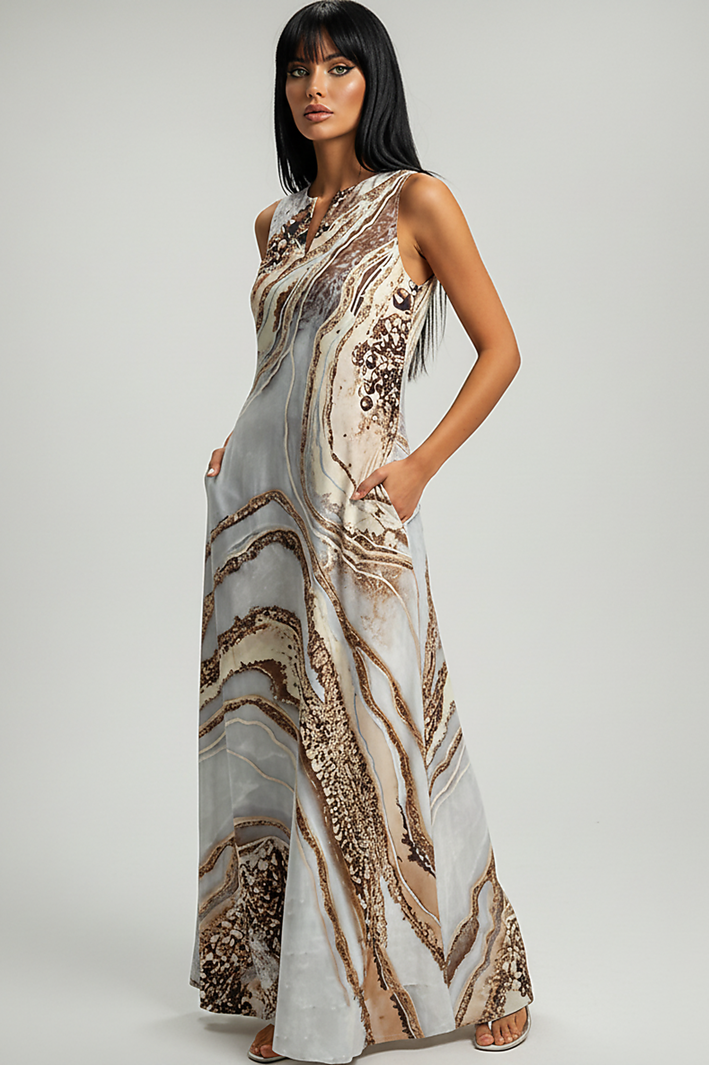 Sleeveless V-neck Printed Dress - Thorne & Ivy