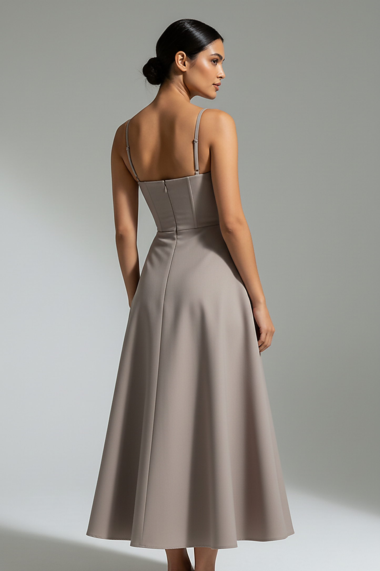 Navy midi dress, fabric texture detail.