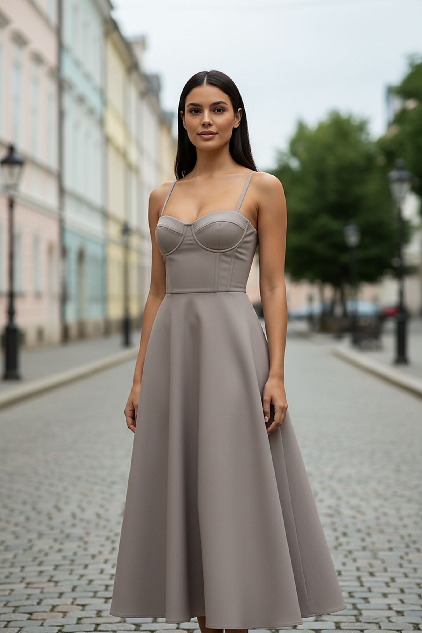 Navy midi dress, model in elegant pose.