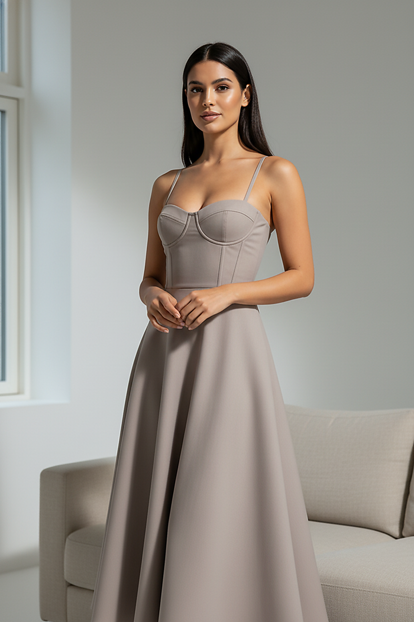 Navy midi dress, spaghetti strap and neckline detail.