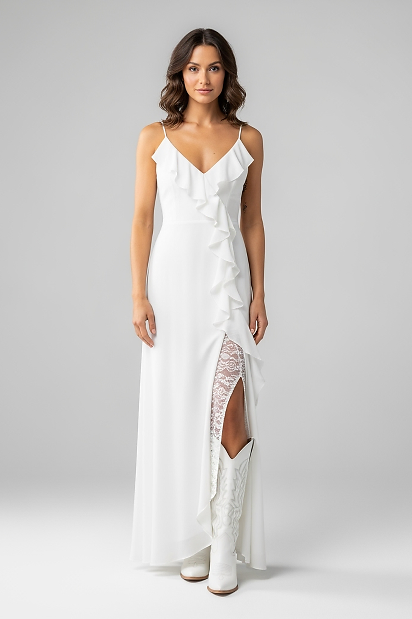 woman wearing champagne satin midi dress, front view, standing, hands relaxed