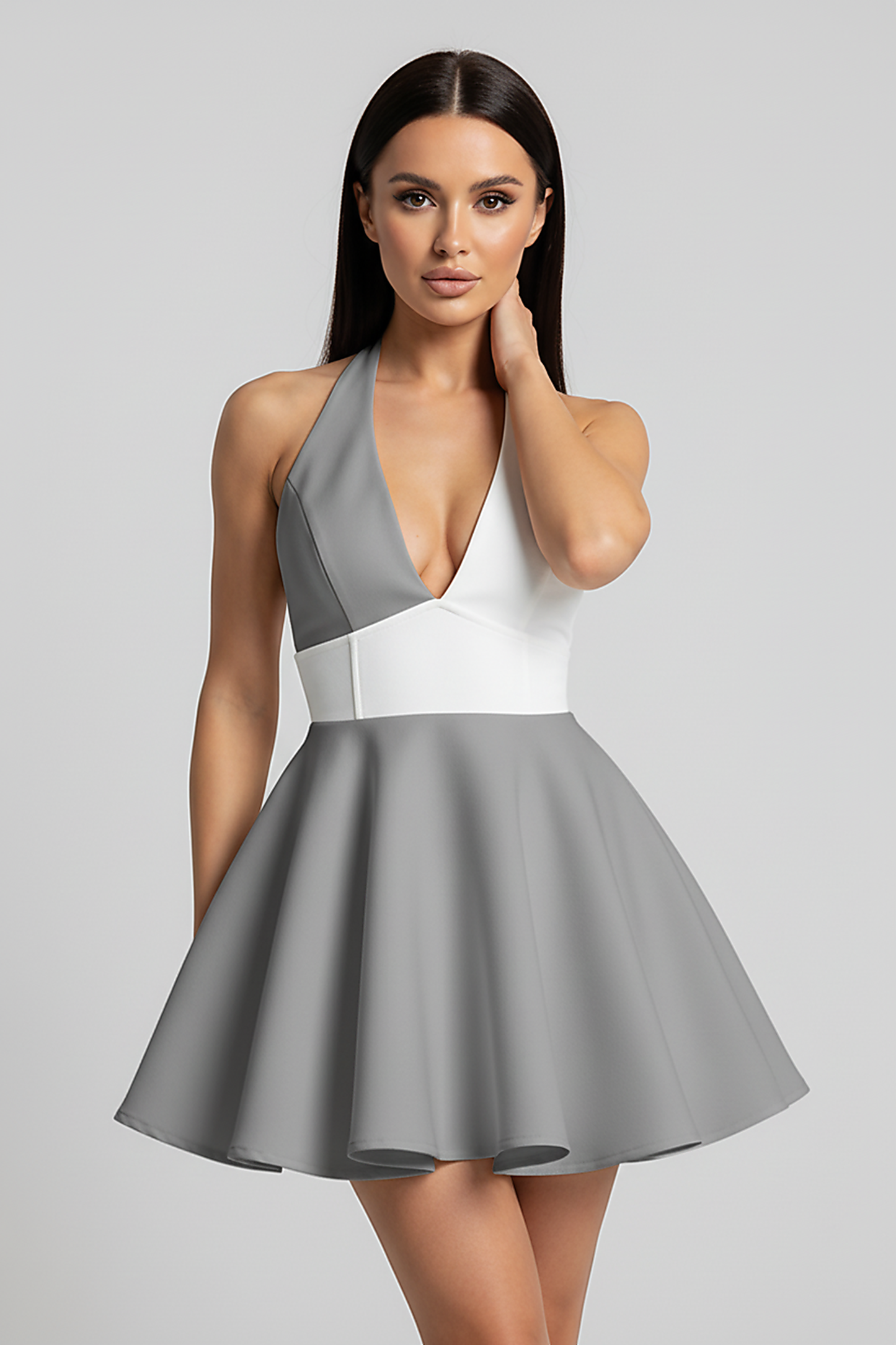 V-neck backless halter pleated mini dress, front view on model.