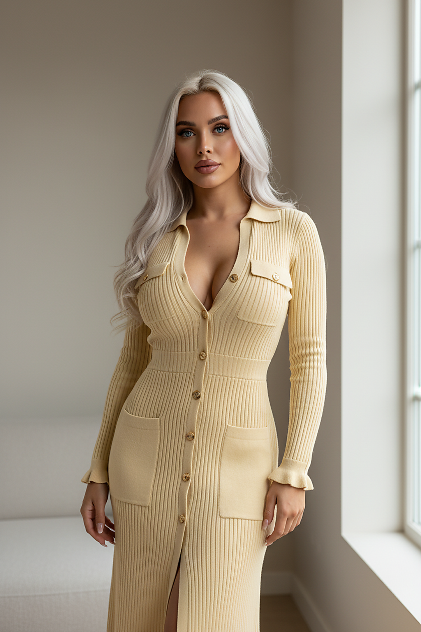 Chic knitted maxi dress with ruffles and button-front, front view on model.