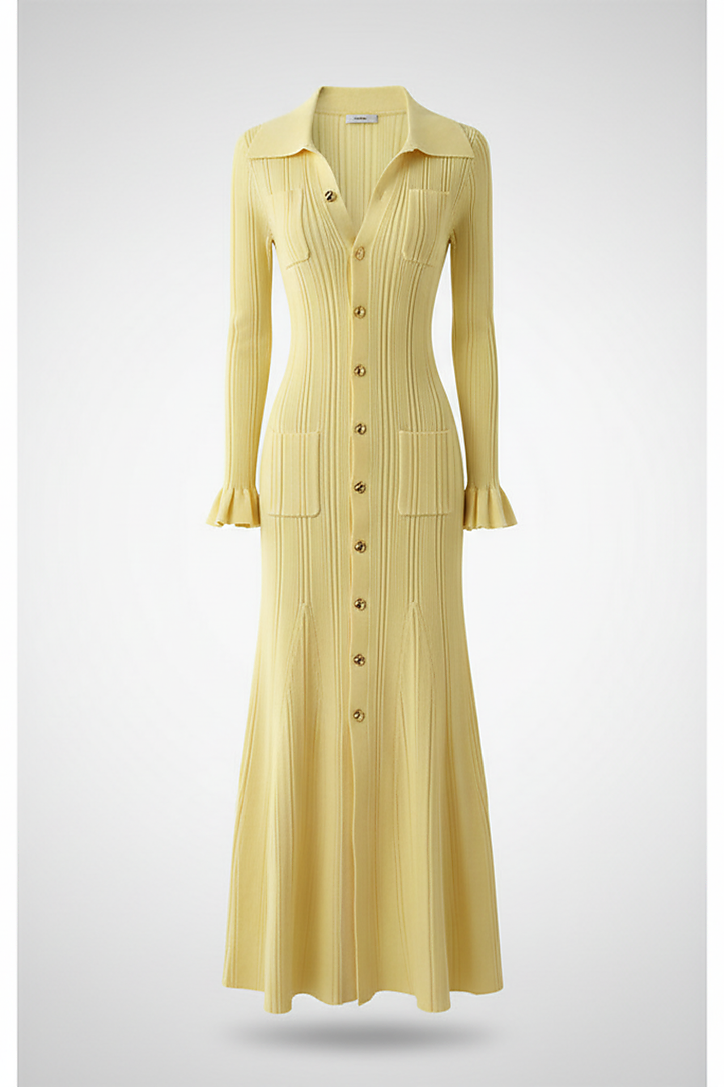 Fashionable ruffle knit maxi dress with button-front, front view on model.