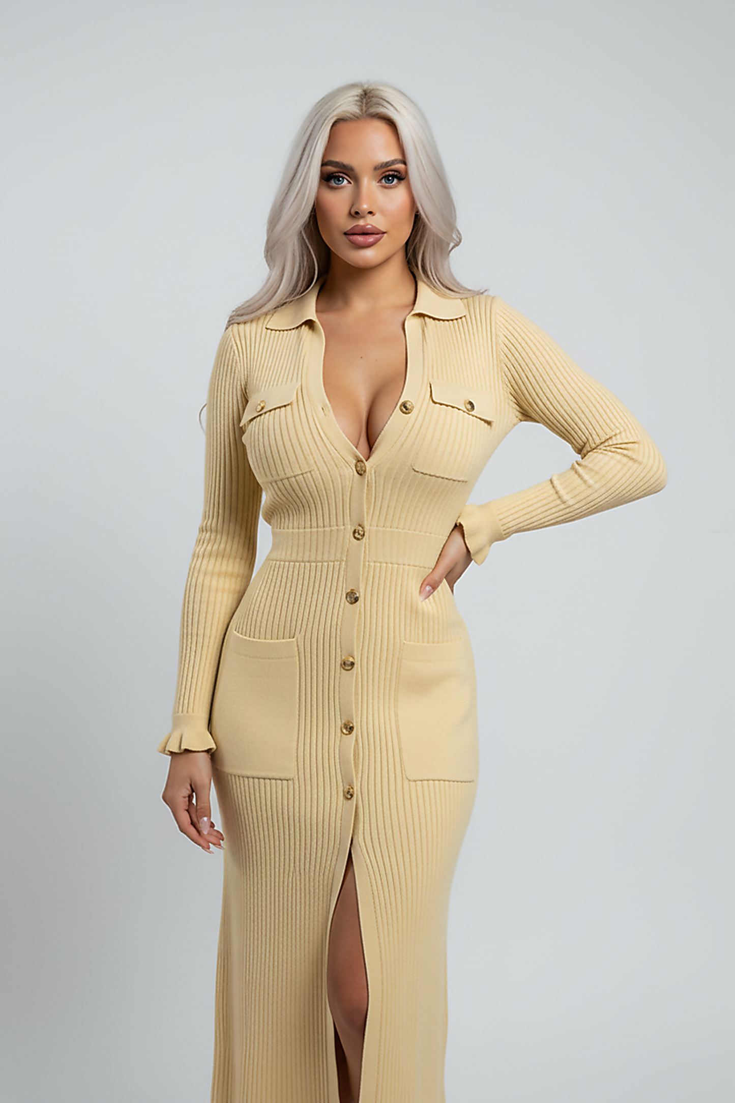 Chic long-sleeve ruffle knit maxi dress, front view on model.