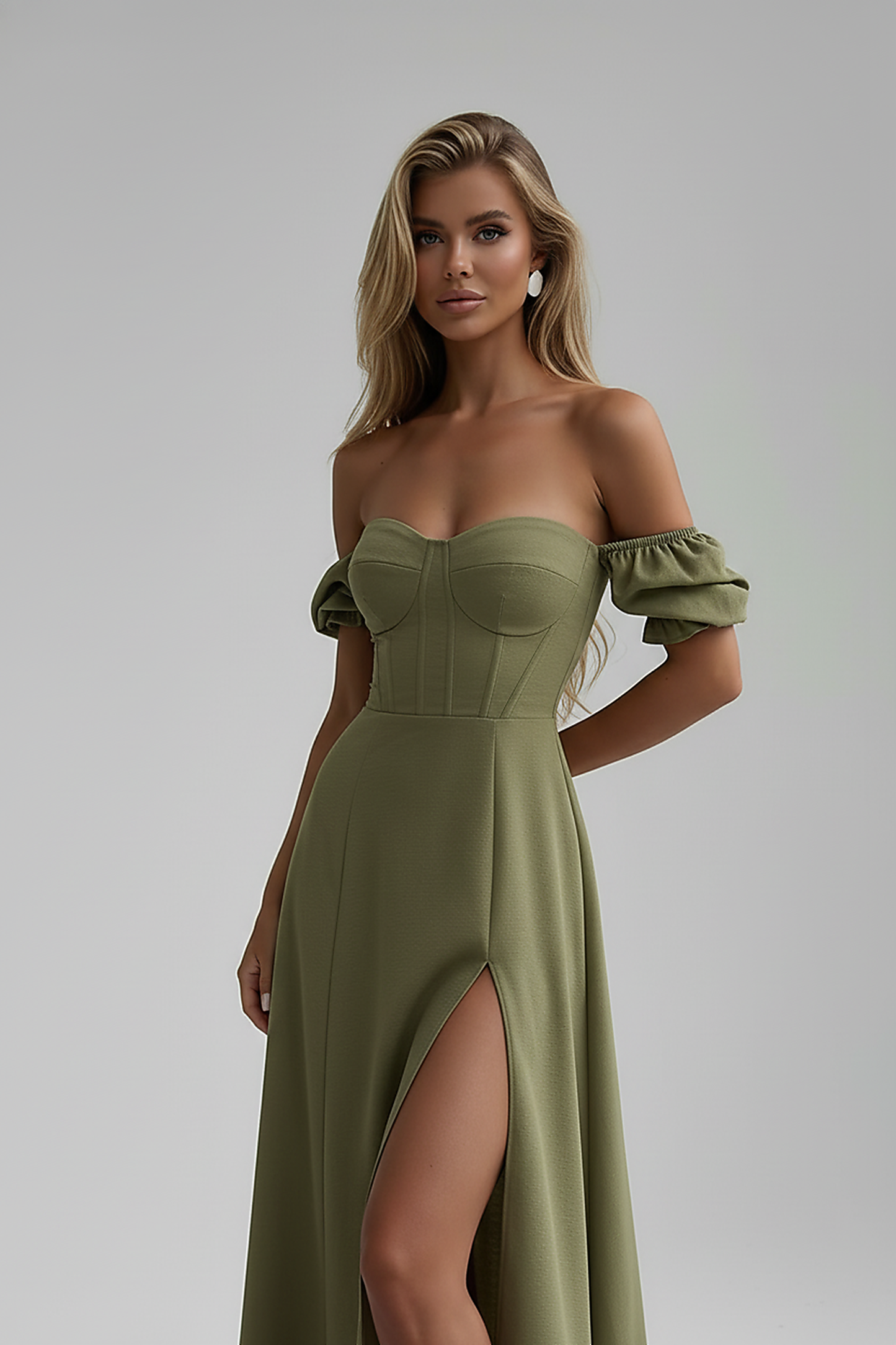 Floral off-shoulder maxi dress front view on model.